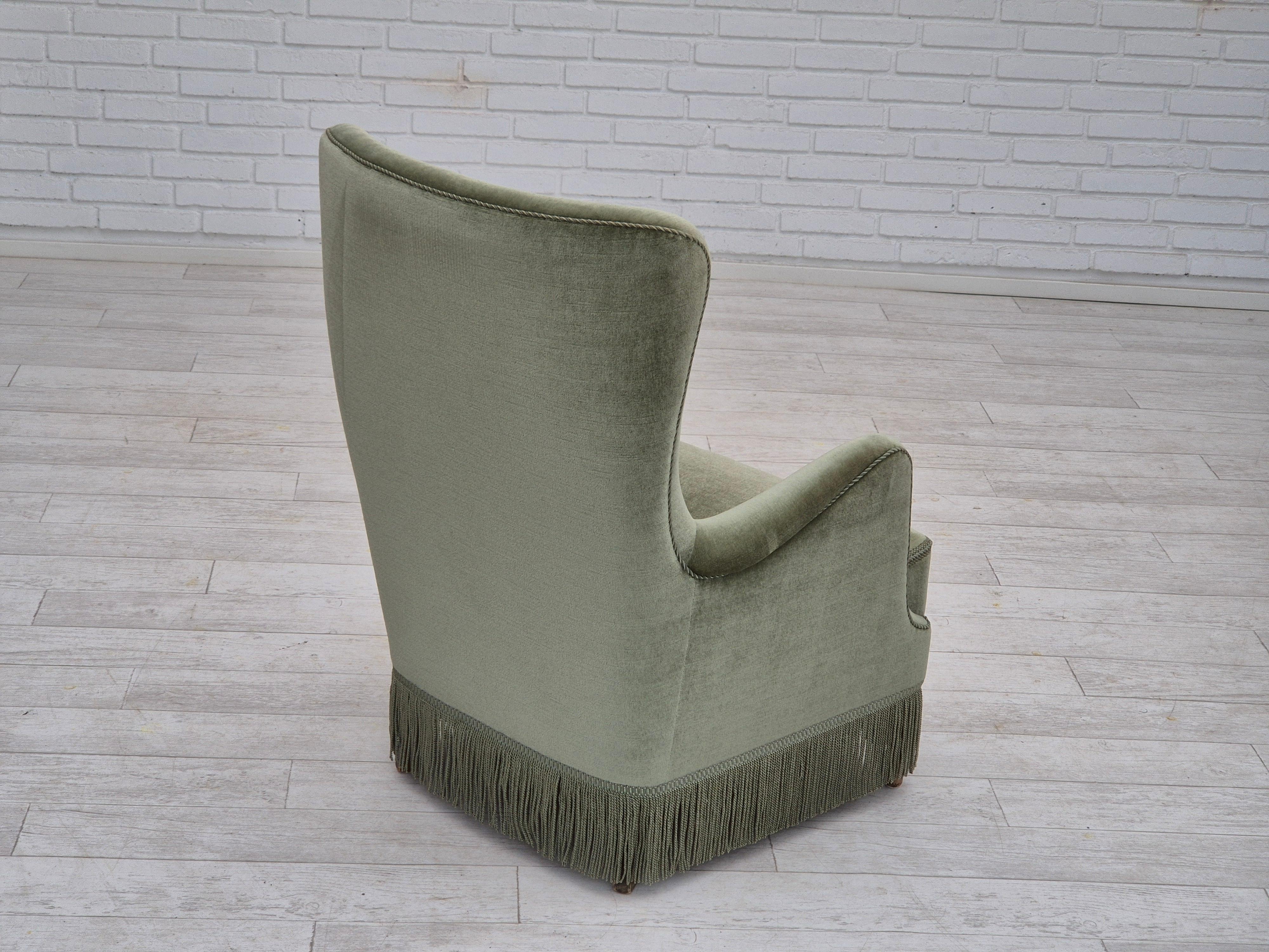 Velvet 1970s, Danish armchair, velour, beech wood, original excellent condition. For Sale