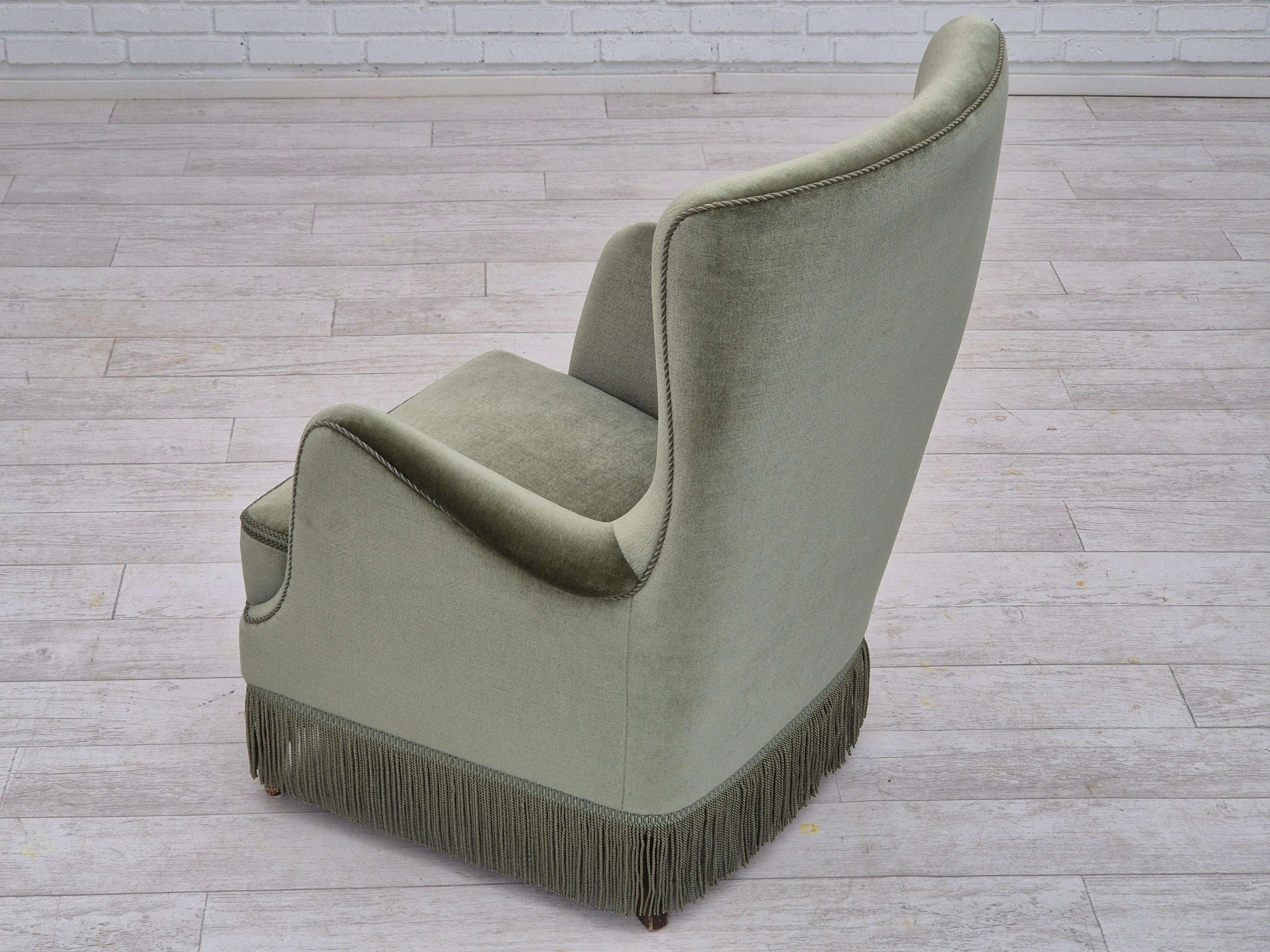 1970s, Danish armchair, velour, beech wood, original excellent condition. For Sale 1