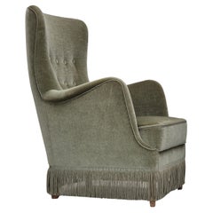 Retro 1970s, Danish armchair, velour, beech wood, original excellent condition.