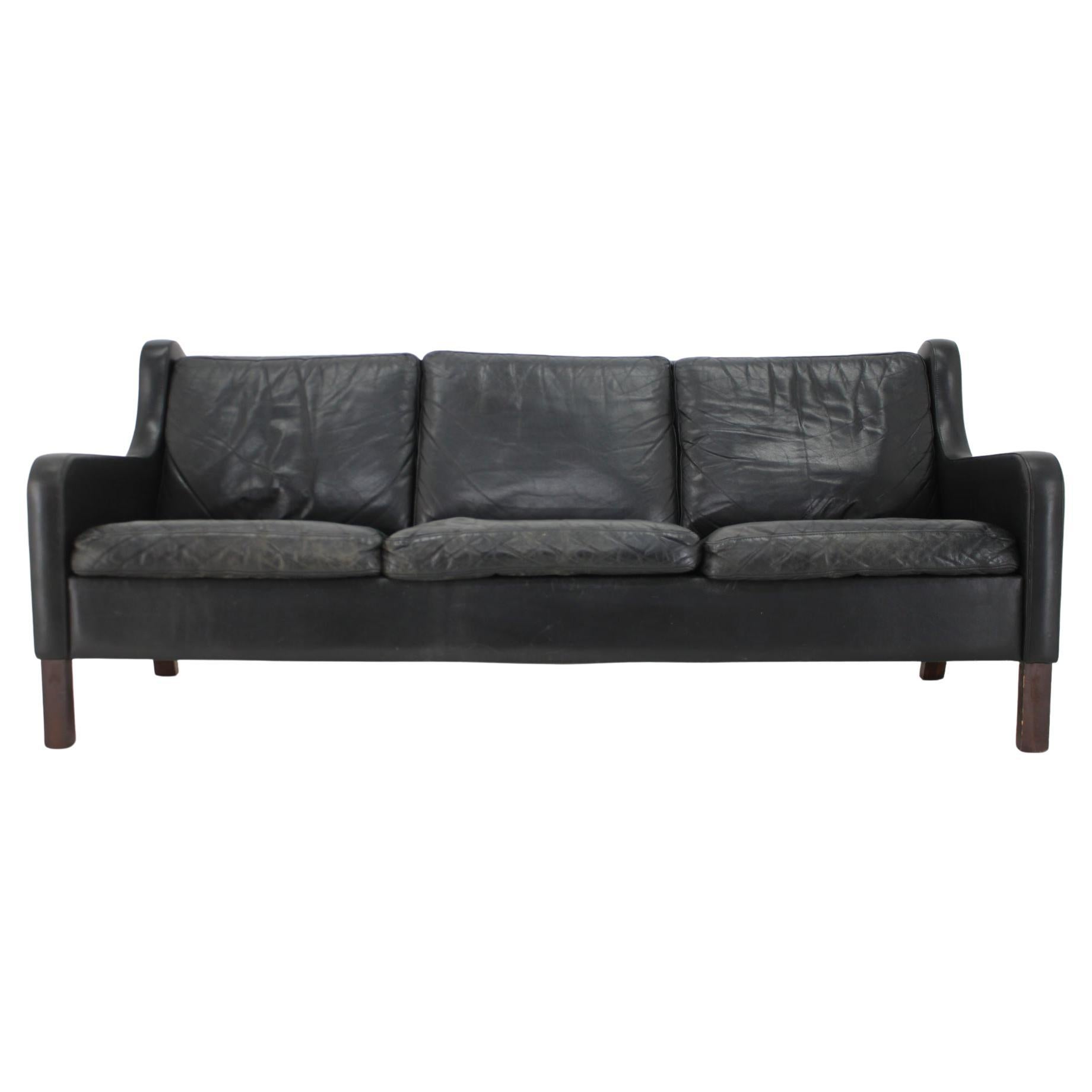 1970s Danish Black Leather 3-Seater Sofa