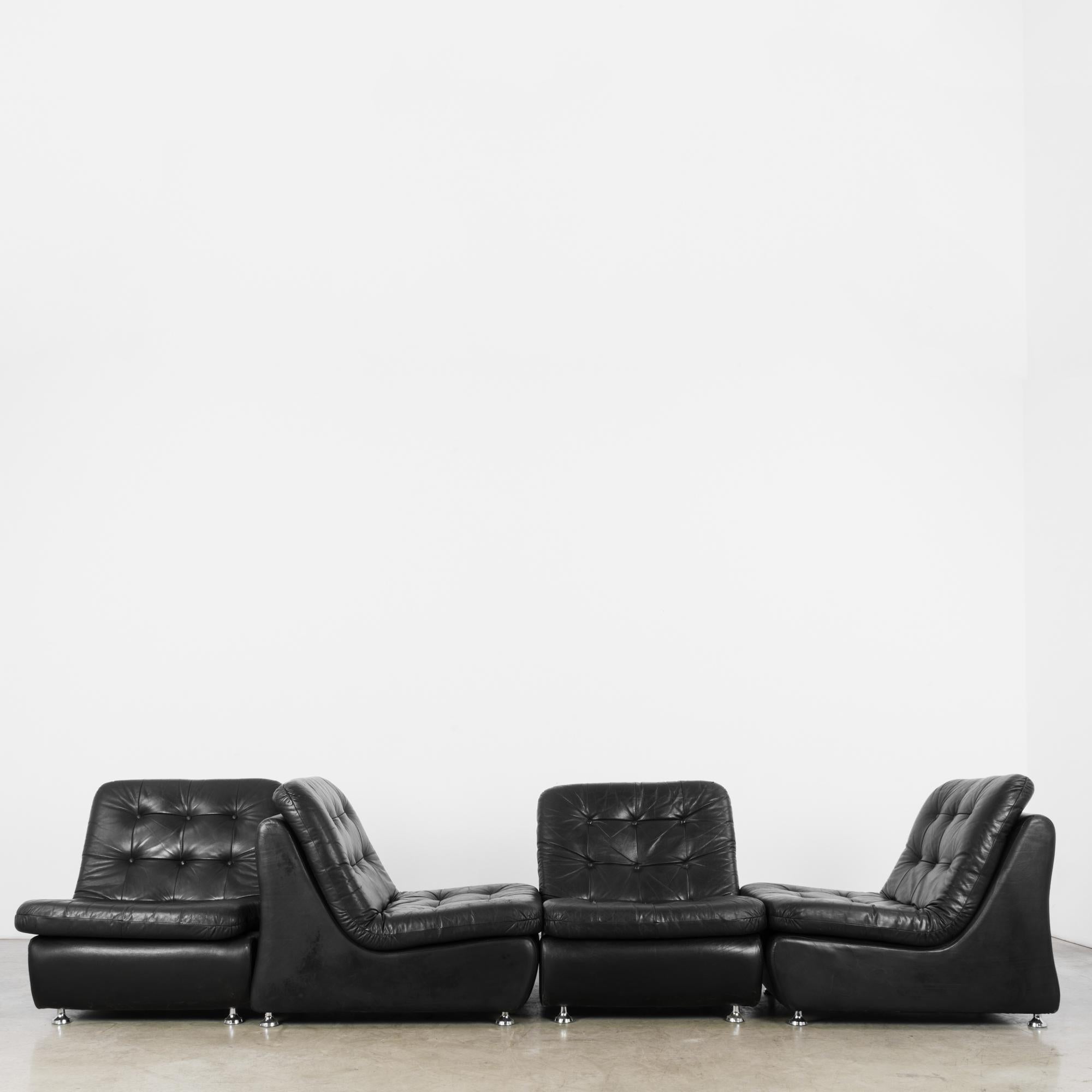 1970s Danish Black Leather Modular Sofa, Set of Four 3