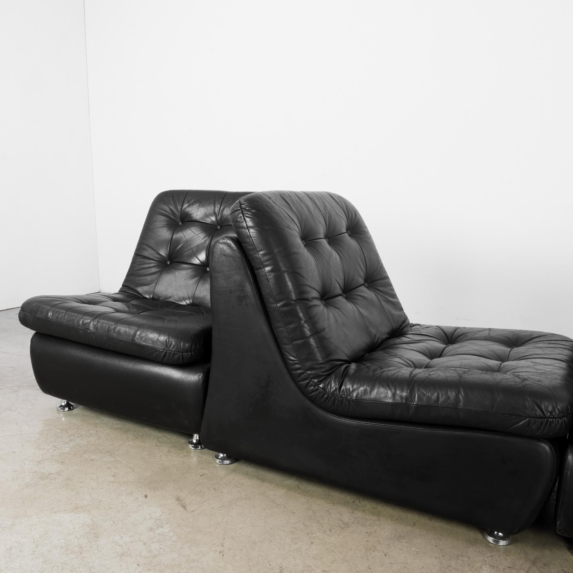 1970s Danish Black Leather Modular Sofa, Set of Four 4