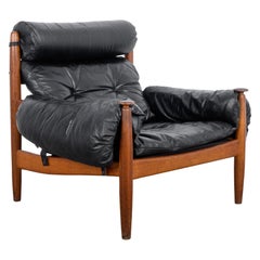 Fauteuil en bois et cuir noir danois des années 1970