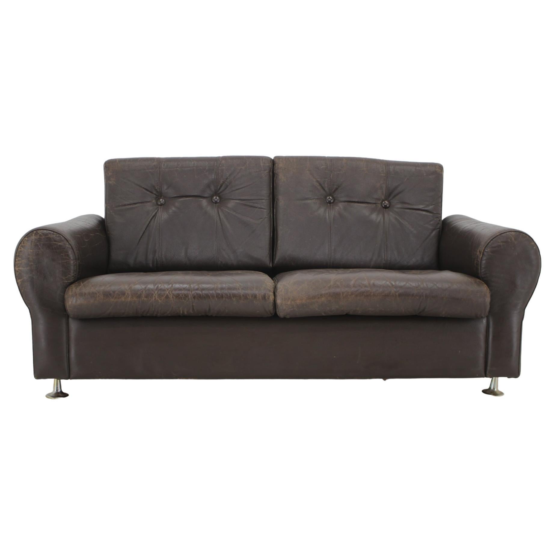 1970s Danish Brown Leather 2 Seater Sofa For Sale