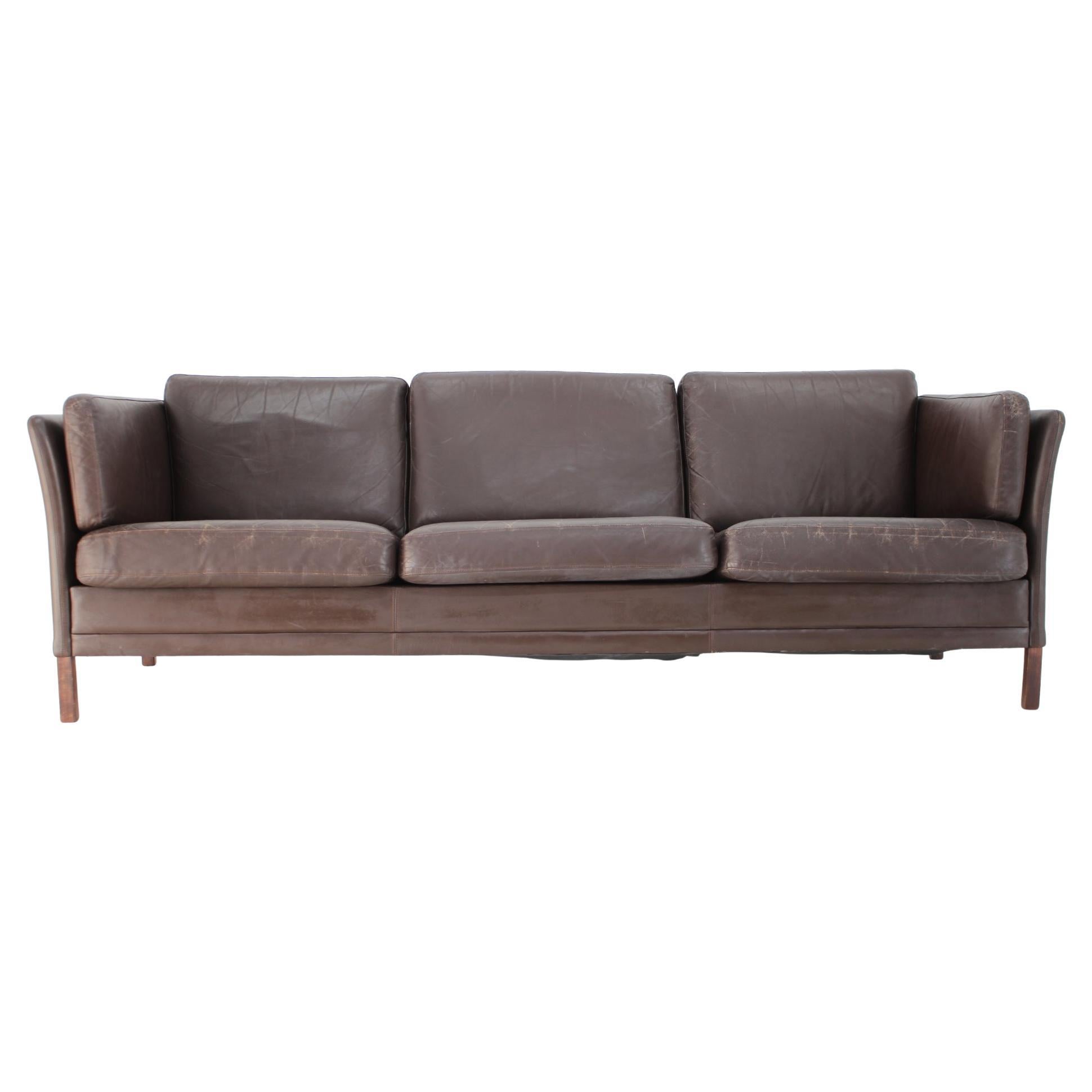 1970s Danish Brown Leather 3-Seater Sofa For Sale