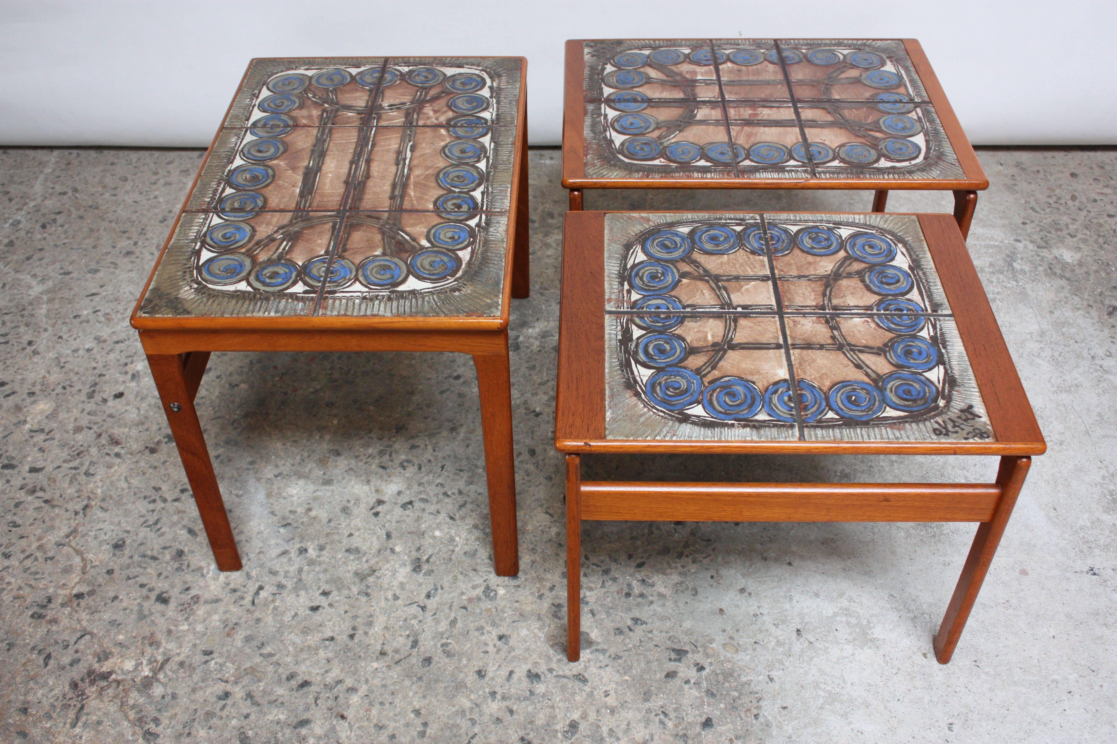 Mid-Century Modern 1970s Danish Ceramic Tile and Teak Nesting Tables by Ox Art for Trioh