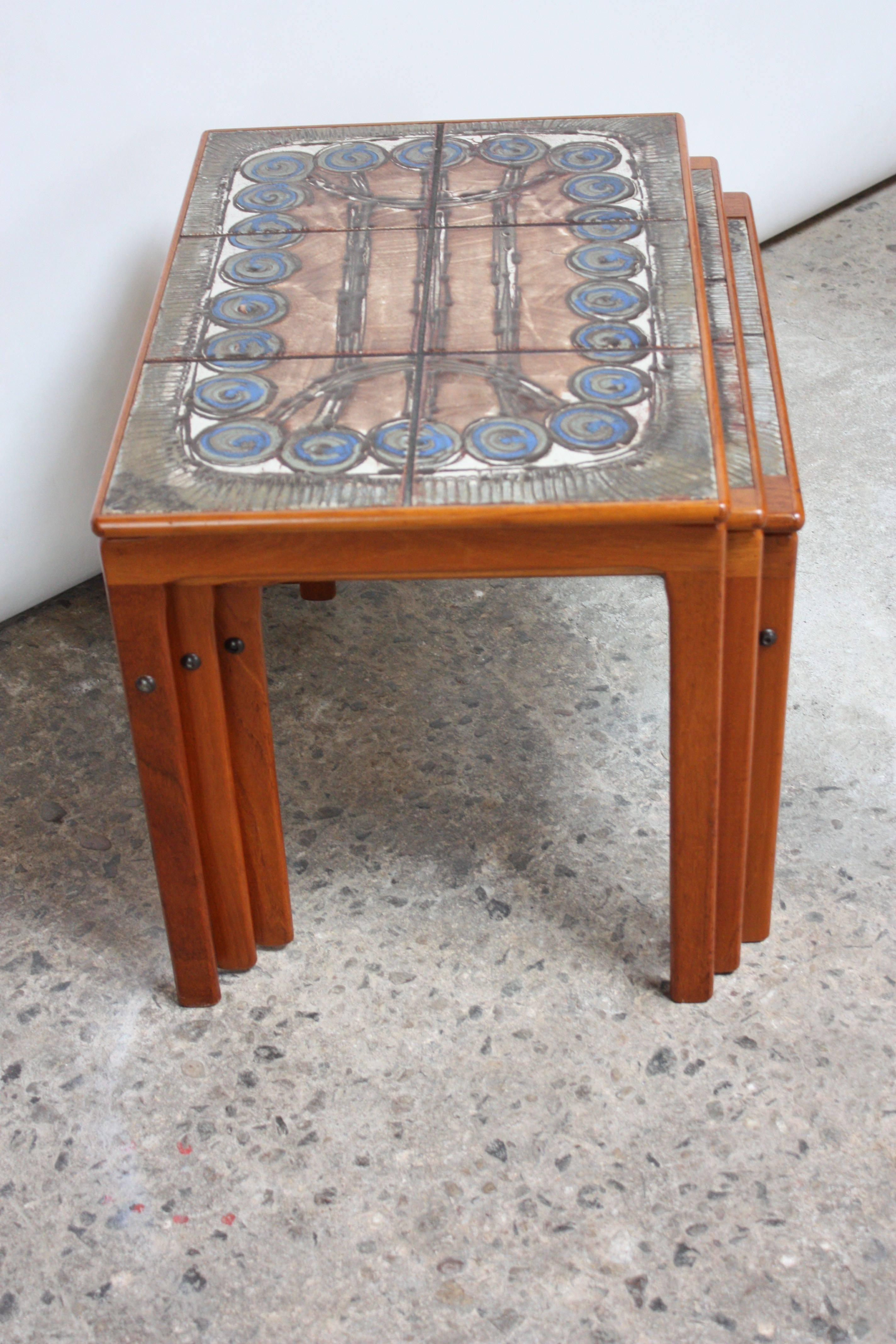 1970s Danish Ceramic Tile and Teak Nesting Tables by Ox Art for Trioh In Excellent Condition In Brooklyn, NY