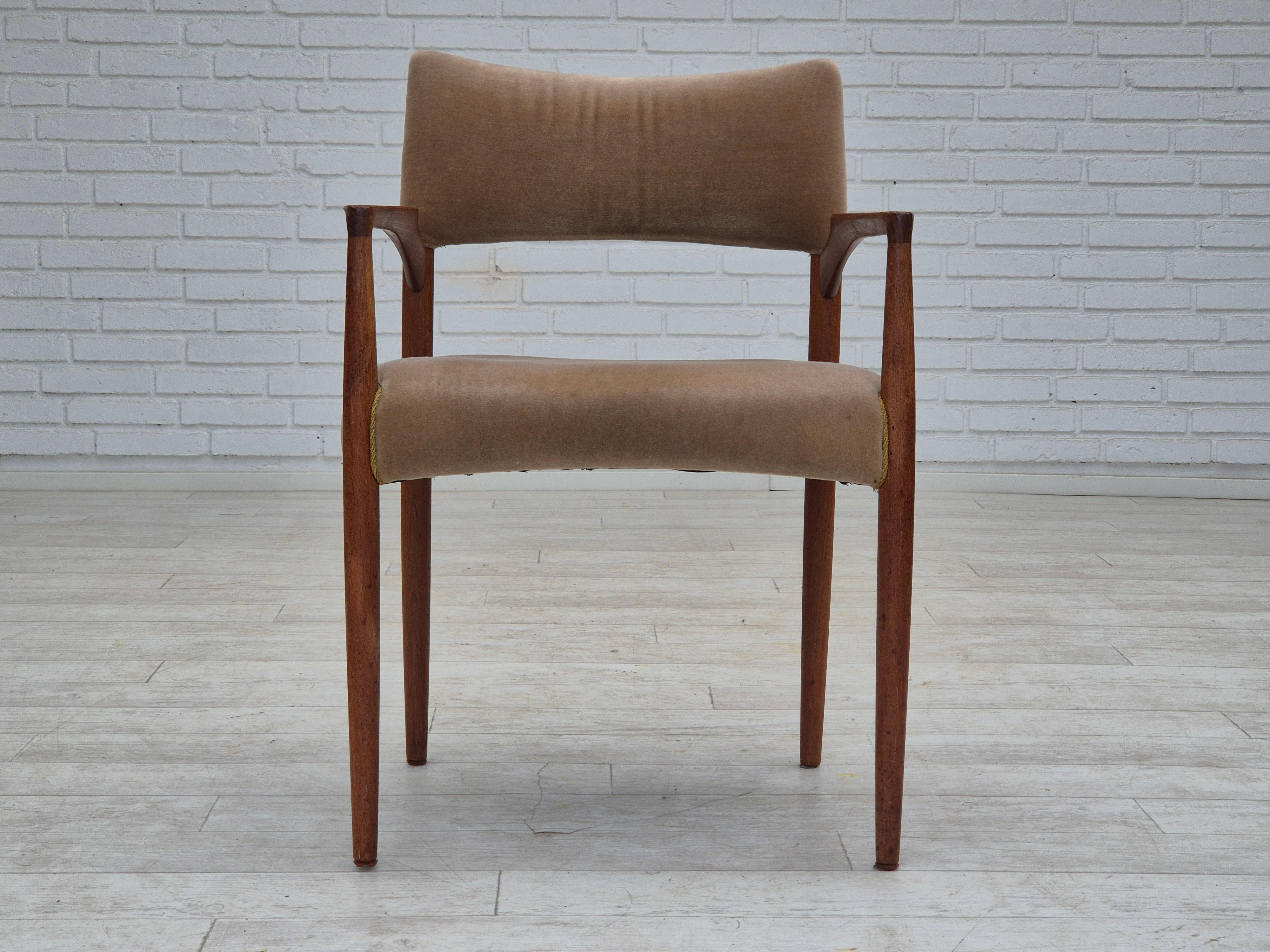 Scandinavian Modern 1970s, Danish chair, solid teak wood, furniture velour. For Sale