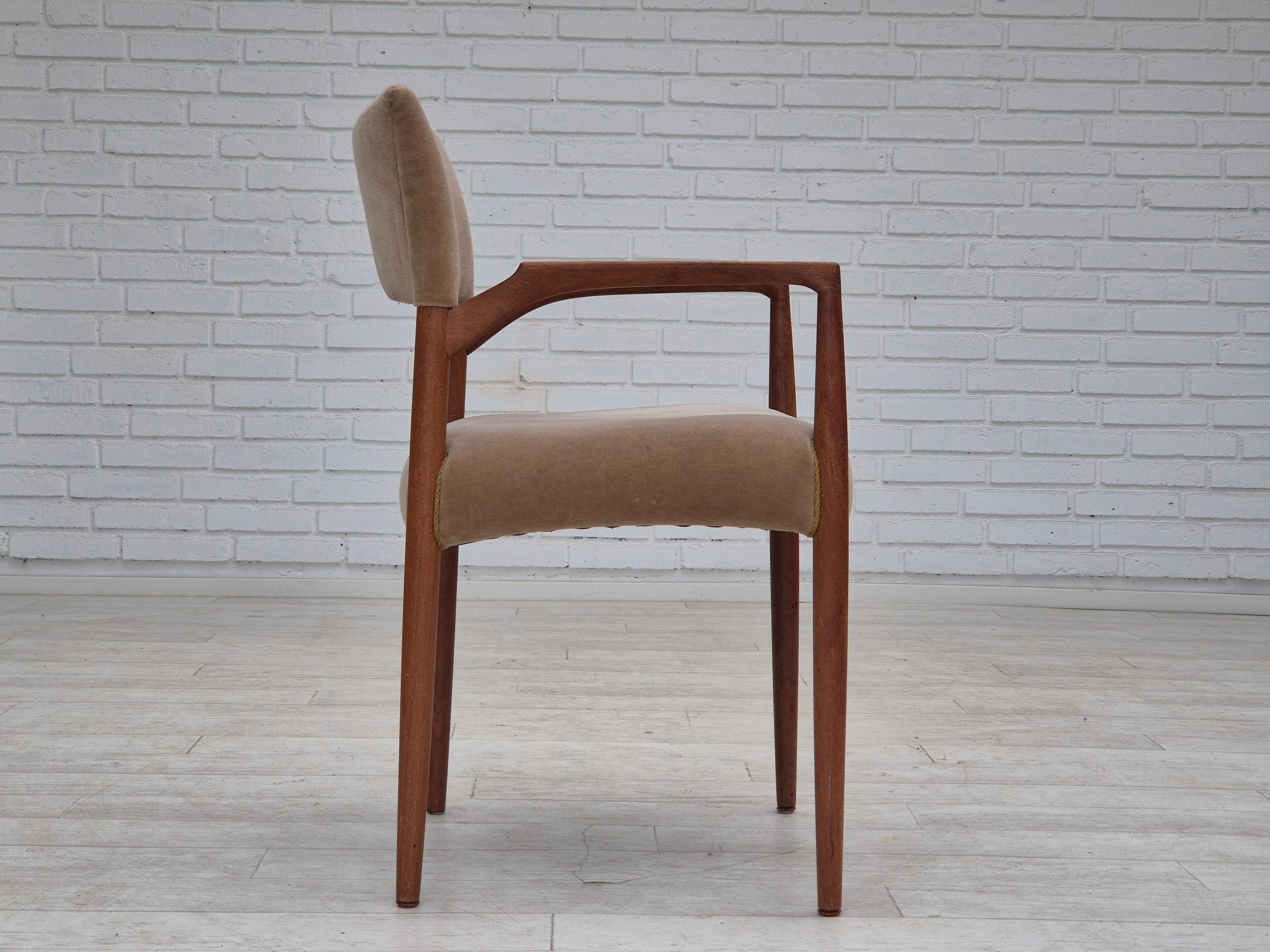 Late 20th Century 1970s, Danish chair, solid teak wood, furniture velour. For Sale