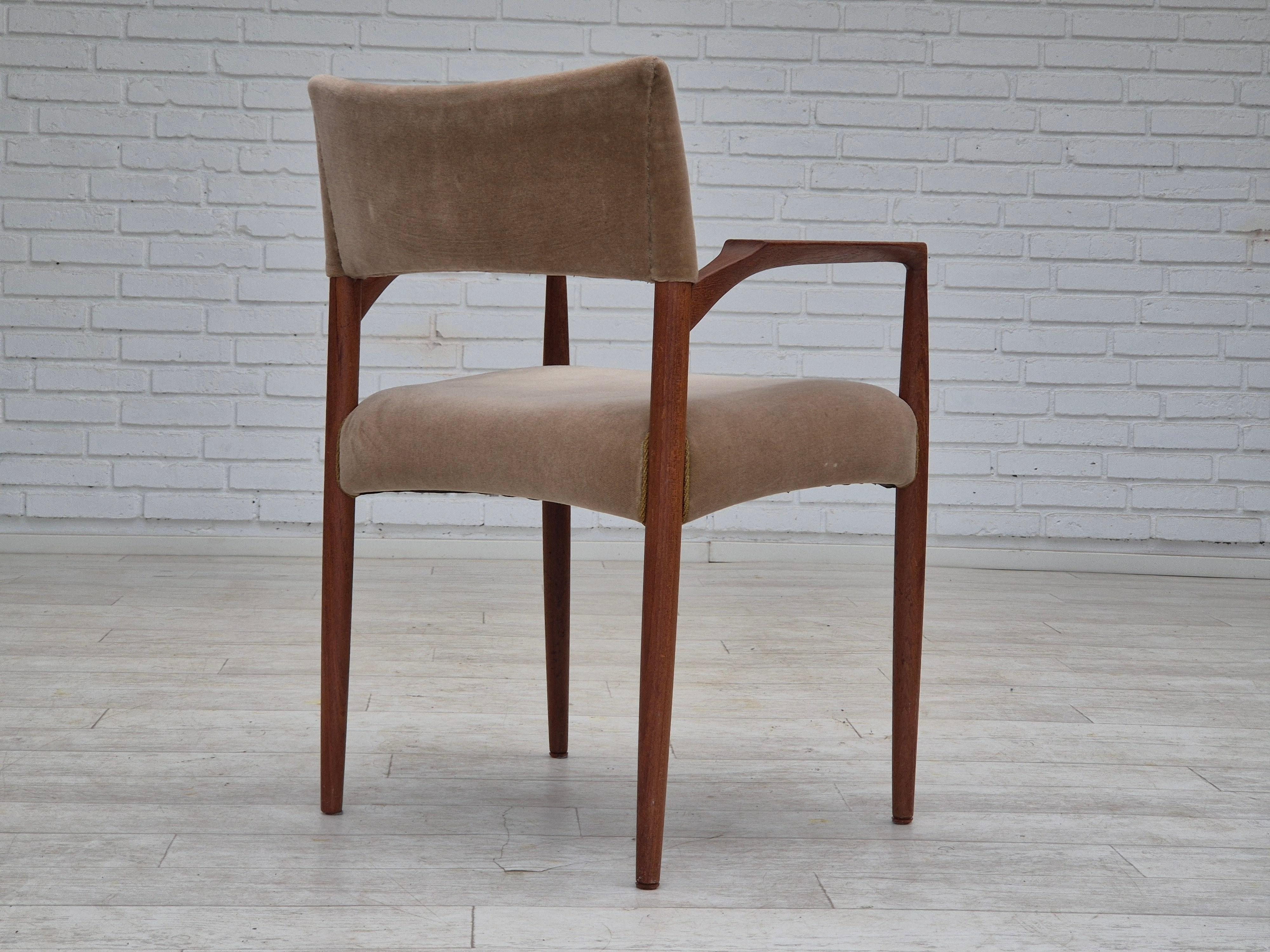 Velvet 1970s, Danish chair, solid teak wood, furniture velour. For Sale