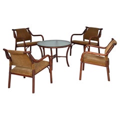 1970s, Danish coffee armchairs with table, rattan, nubuck fabric.