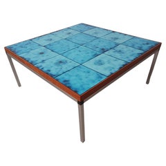 Vintage 1970s Danish Coffee Table in Aluminium Teak and Decoratet Ceramic Tiles