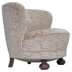 1970s, Danish curved armchair, original light green/gray furniture velour.