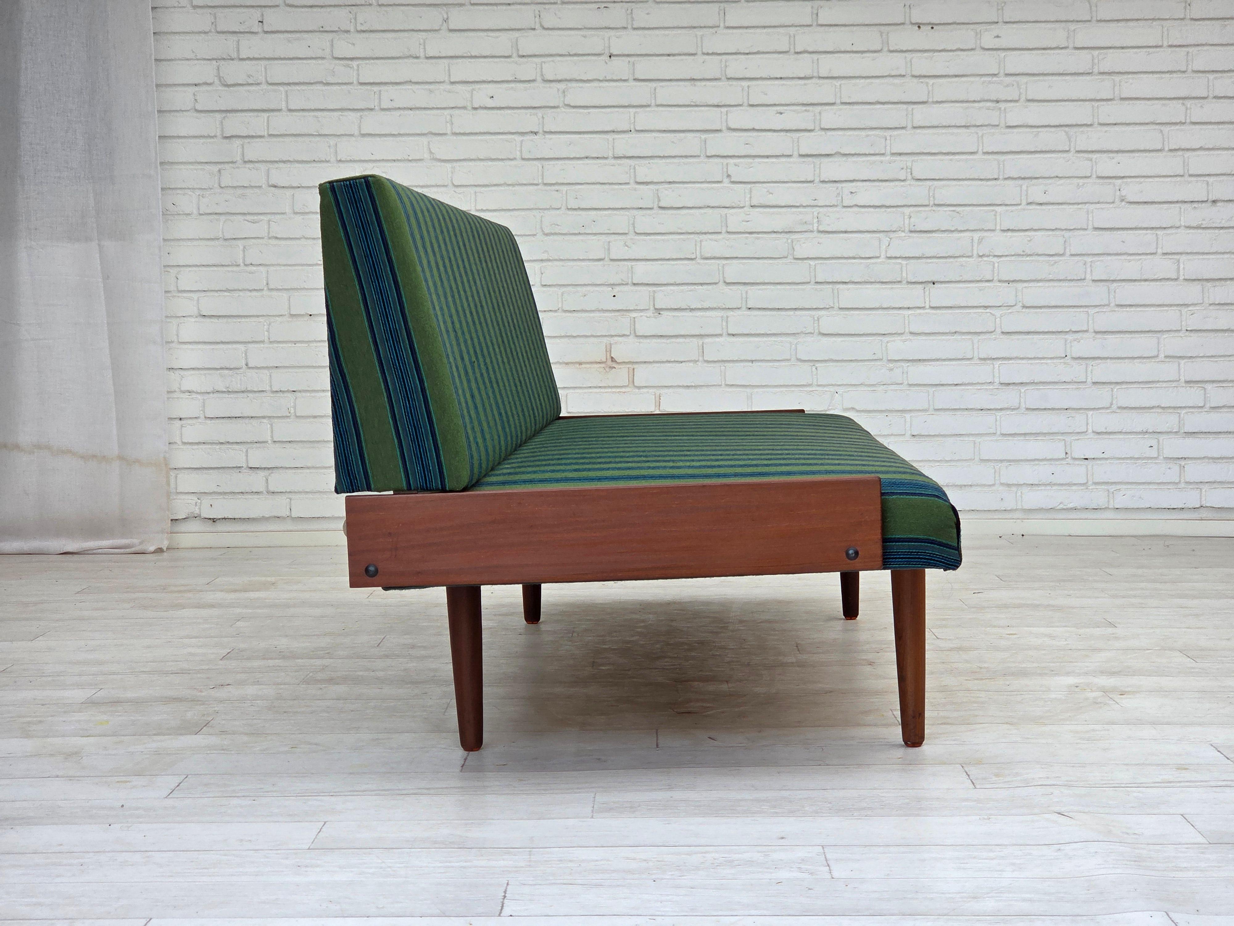 Wool 1970s, Danish daybed, furniture wool, solid teak wood, original condition. For Sale