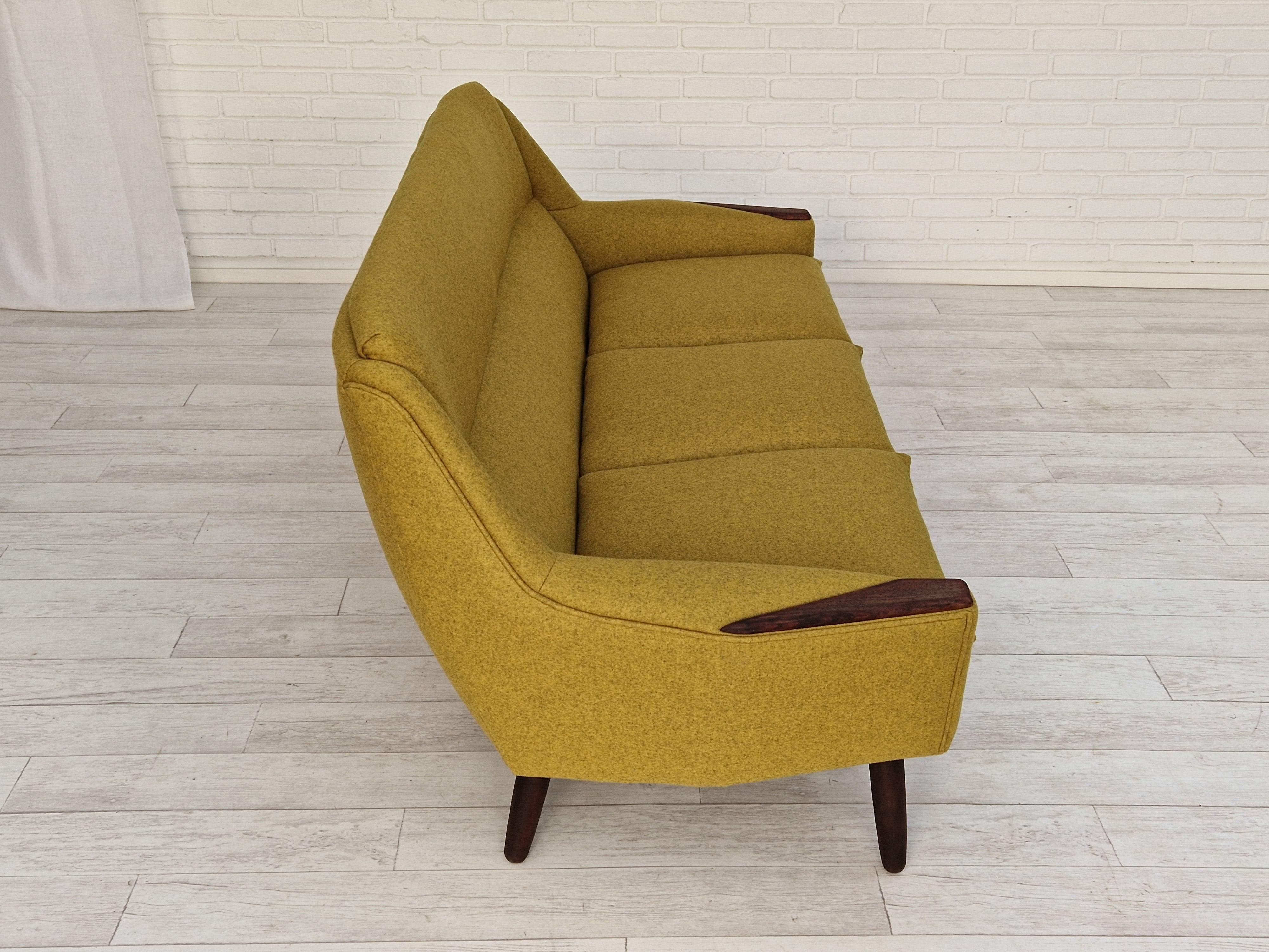 Mid-20th Century 1970s, Danish Design, 3-Seater Sofa, Completely Reupholstered, Furniture Wool