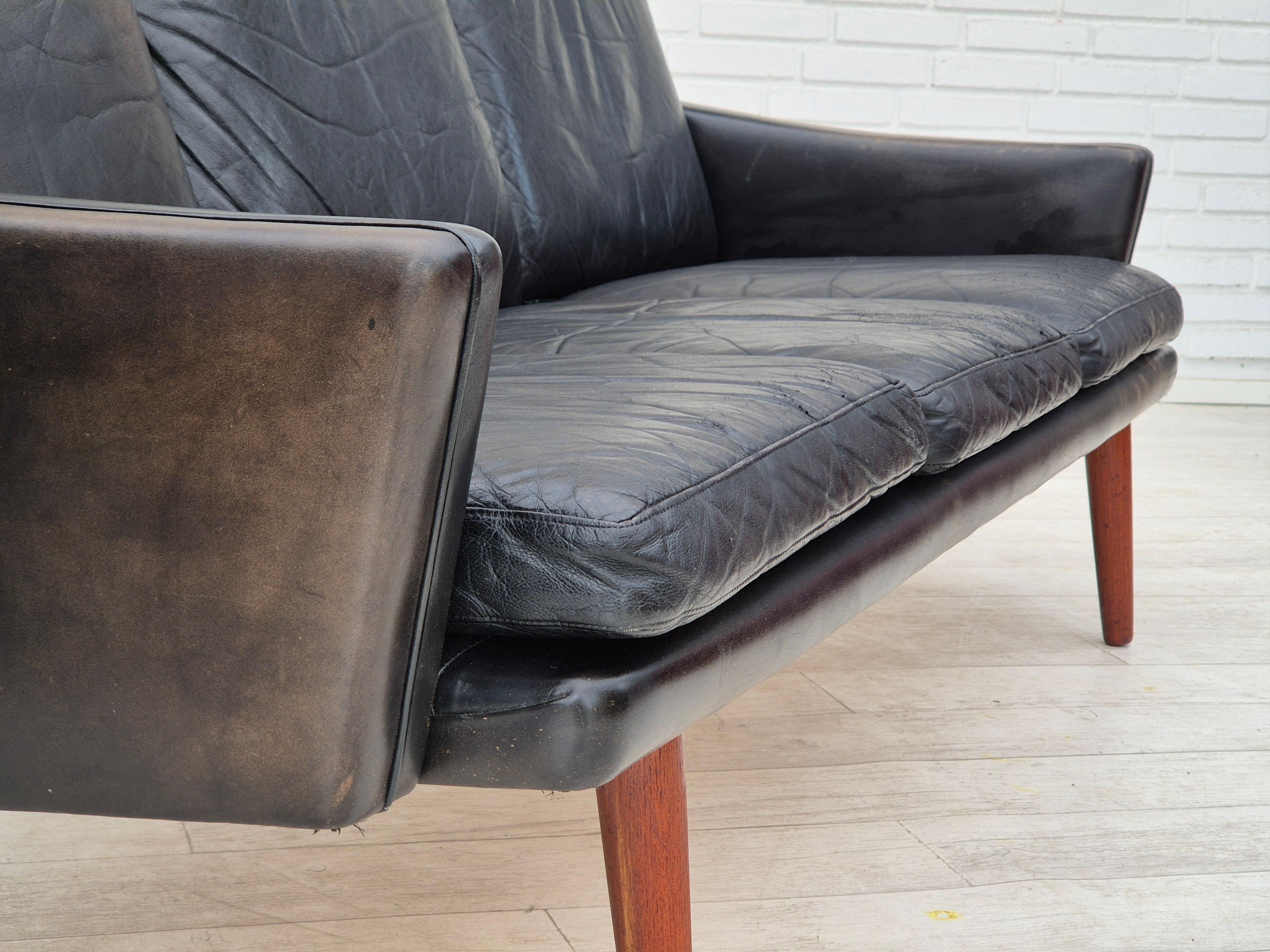 1970, design danois, canapé à 3 places, état d'origine, cuir, bois de teck. en vente 3