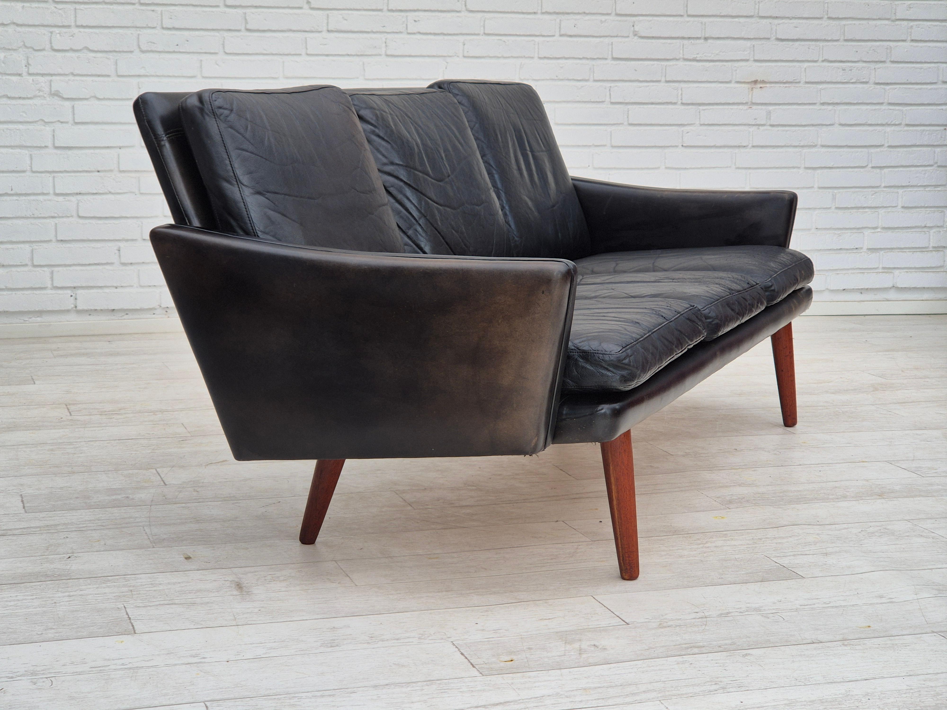 Scandinave moderne 1970, design danois, canapé à 3 places, état d'origine, cuir, bois de teck. en vente
