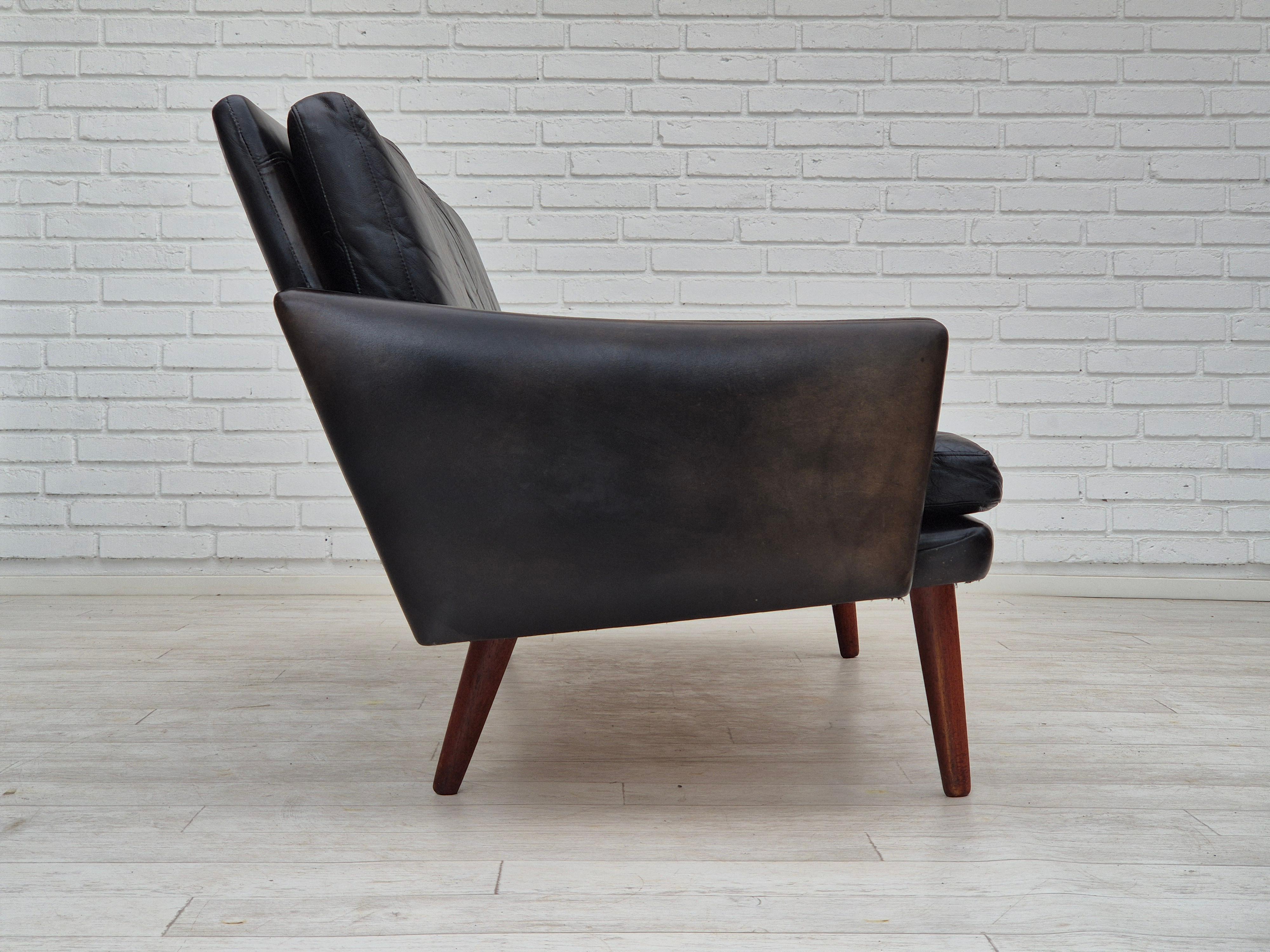 Danois 1970, design danois, canapé à 3 places, état d'origine, cuir, bois de teck. en vente