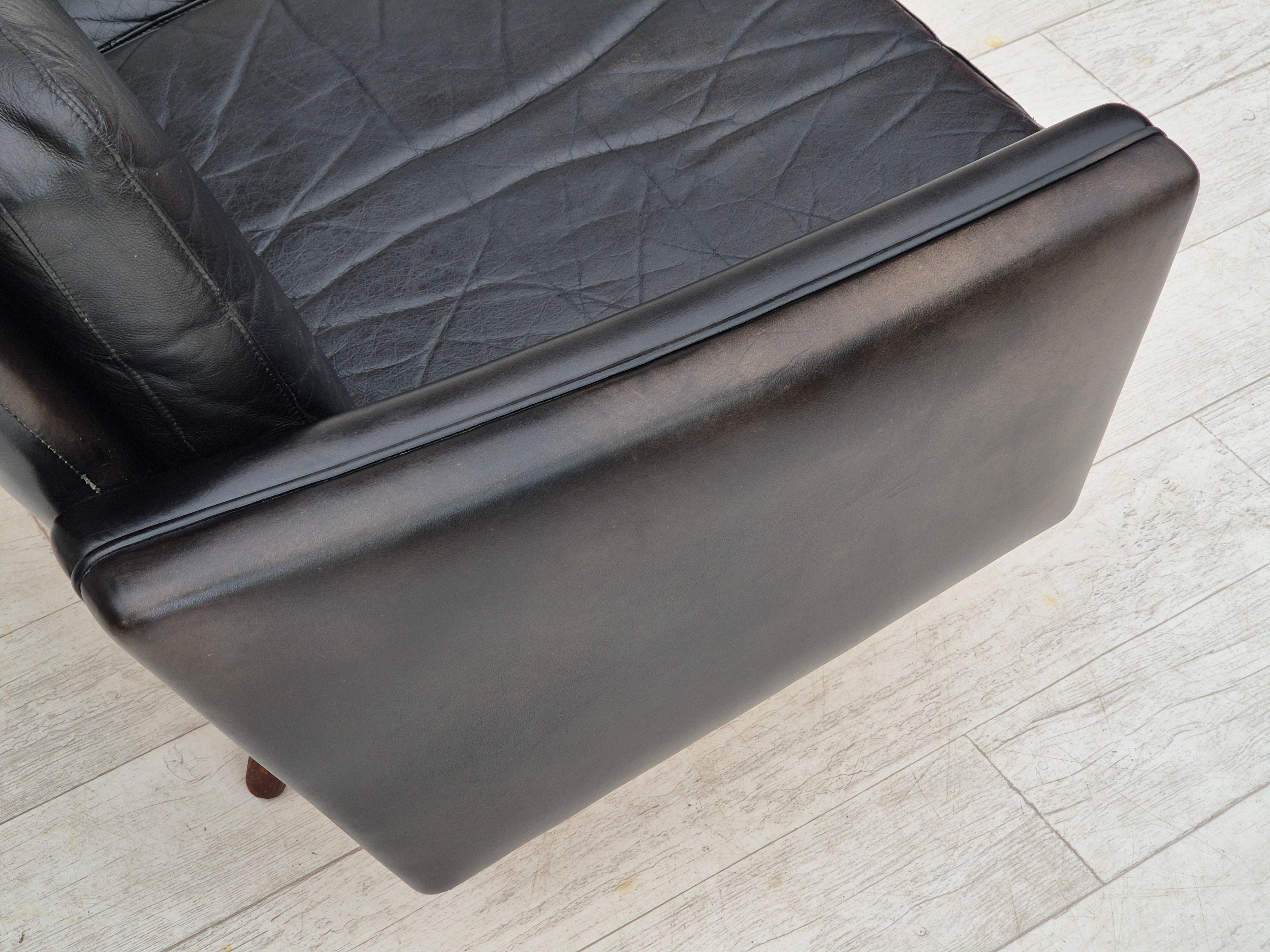 Cuir 1970, design danois, canapé à 3 places, état d'origine, cuir, bois de teck. en vente