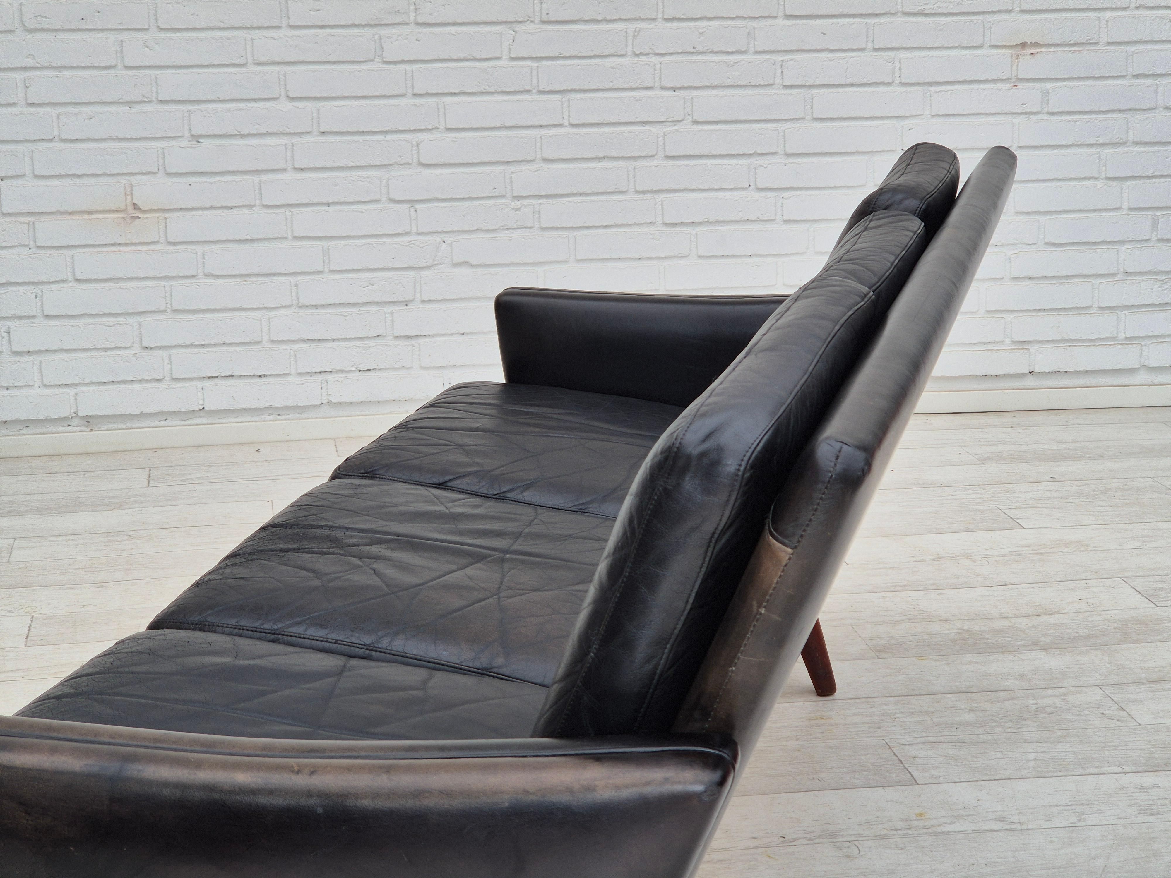 1970, design danois, canapé à 3 places, état d'origine, cuir, bois de teck. en vente 2