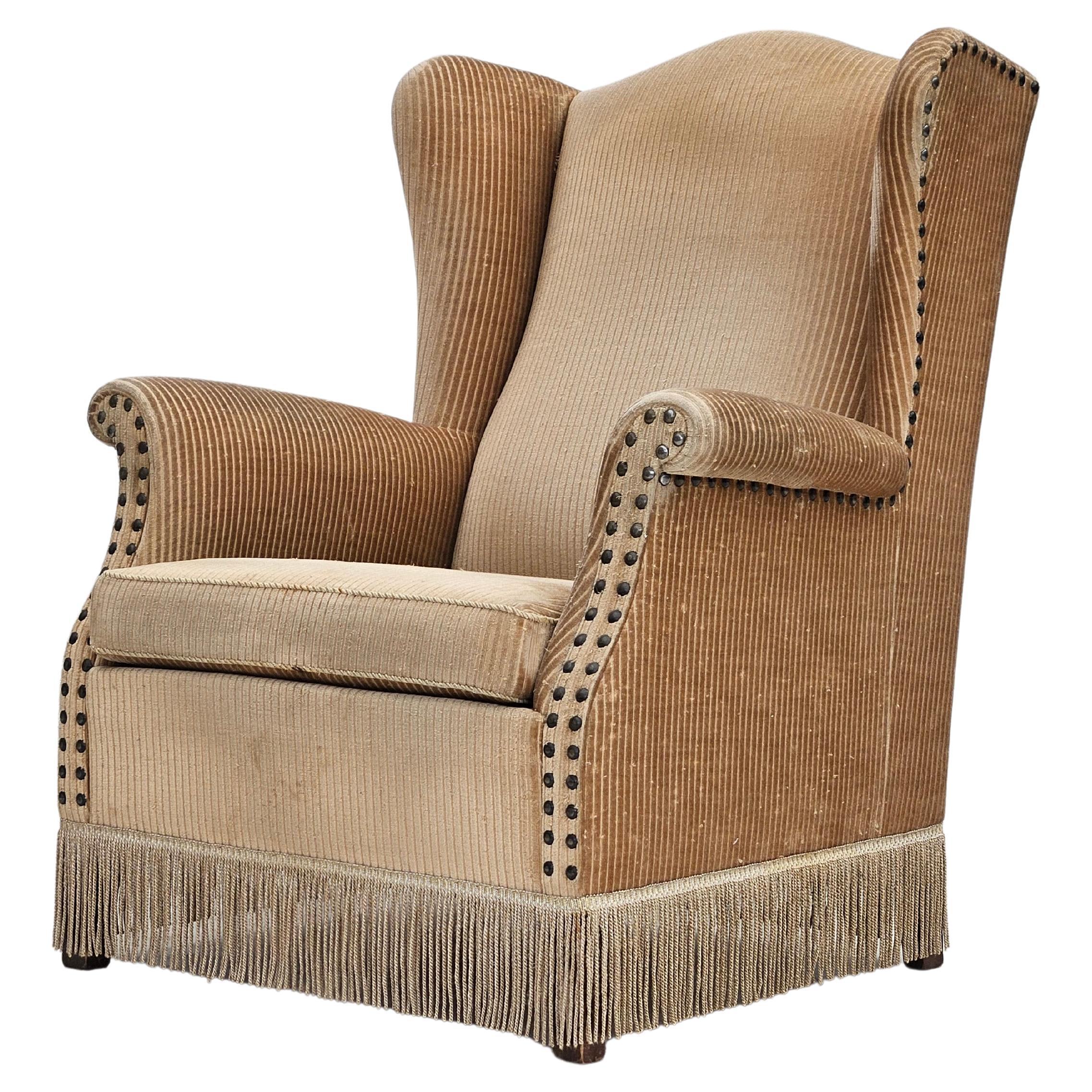 1970, design danois, fauteuil en corduroy, bois de frêne, état d'origine