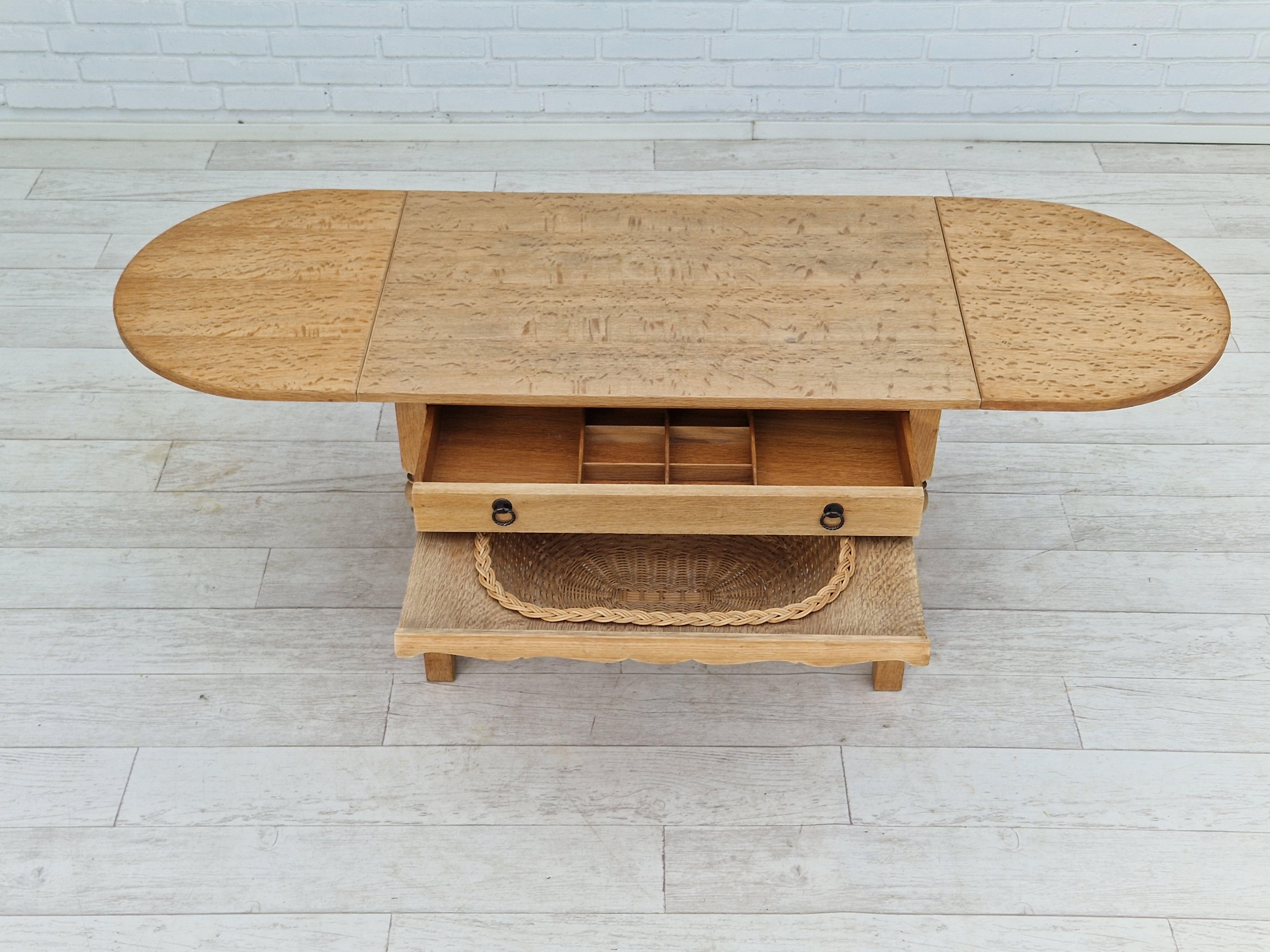 Rattan 1970s, Danish Design, Coffee / Sewing Table, Oak Wood, Original Condition