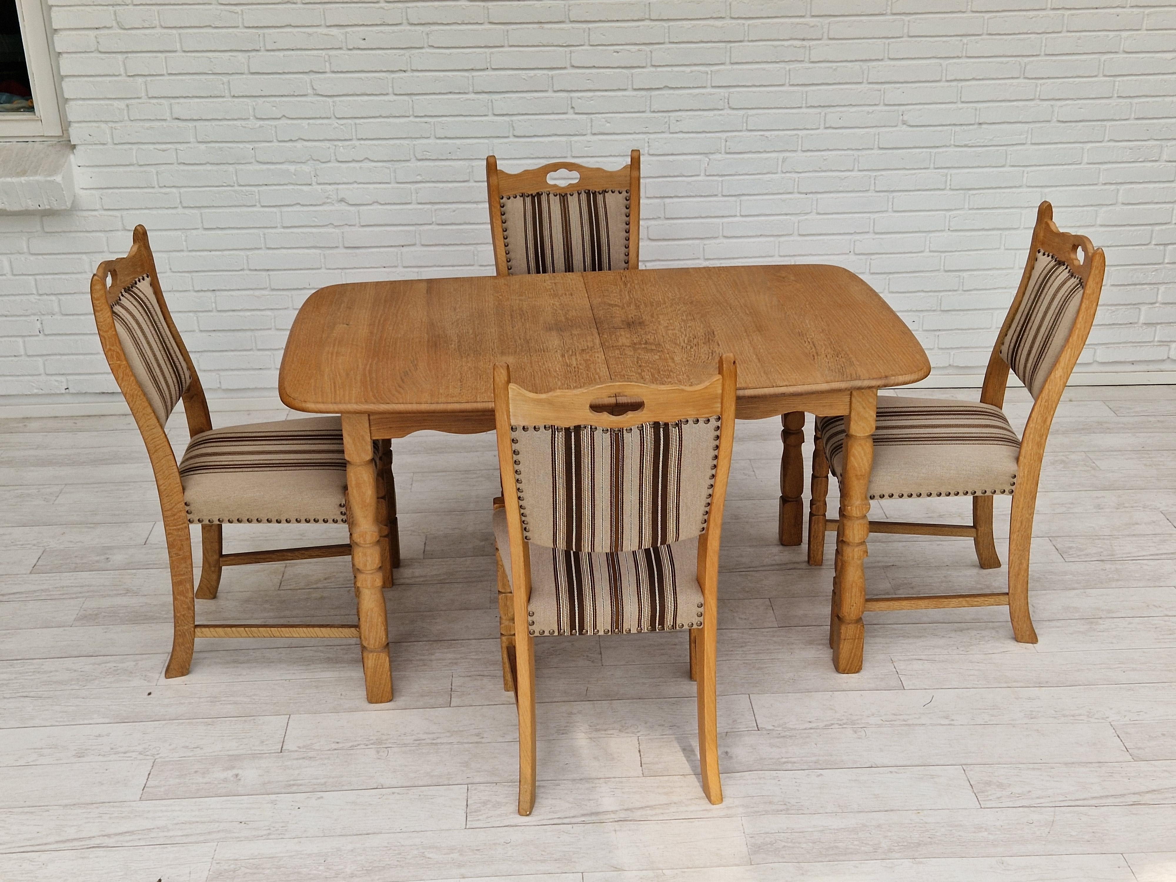 Mid-20th Century 1970s, Danish Design, Dinning Set of Table and Four Chairs, Oak Wood, Wool For Sale