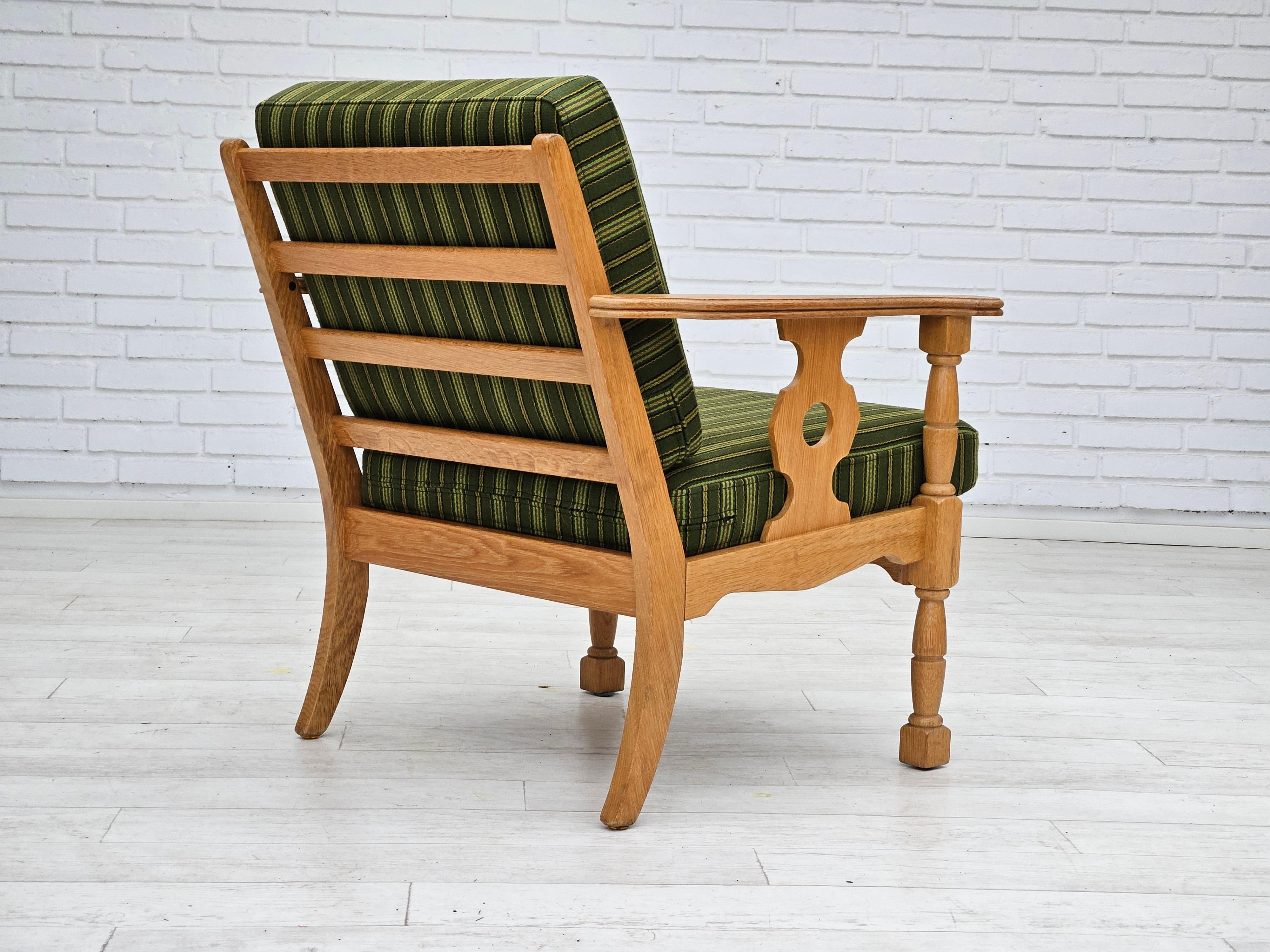 Wool 1970s, Danish design, oak wood armchair in furniture wool, original condition. For Sale