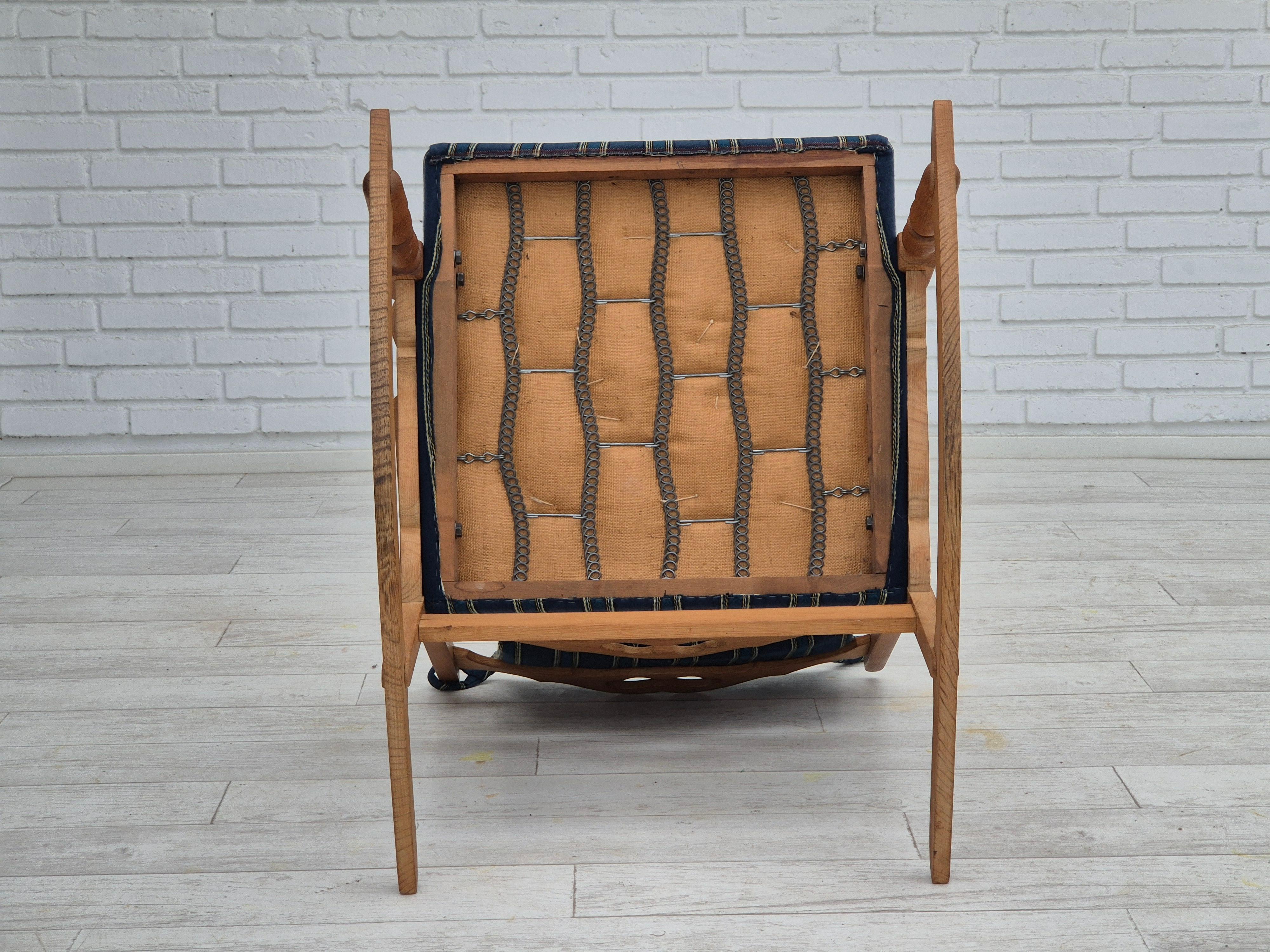 1970s, Danish design, oak wood rocking chair with footstool, furniture wool. For Sale 9