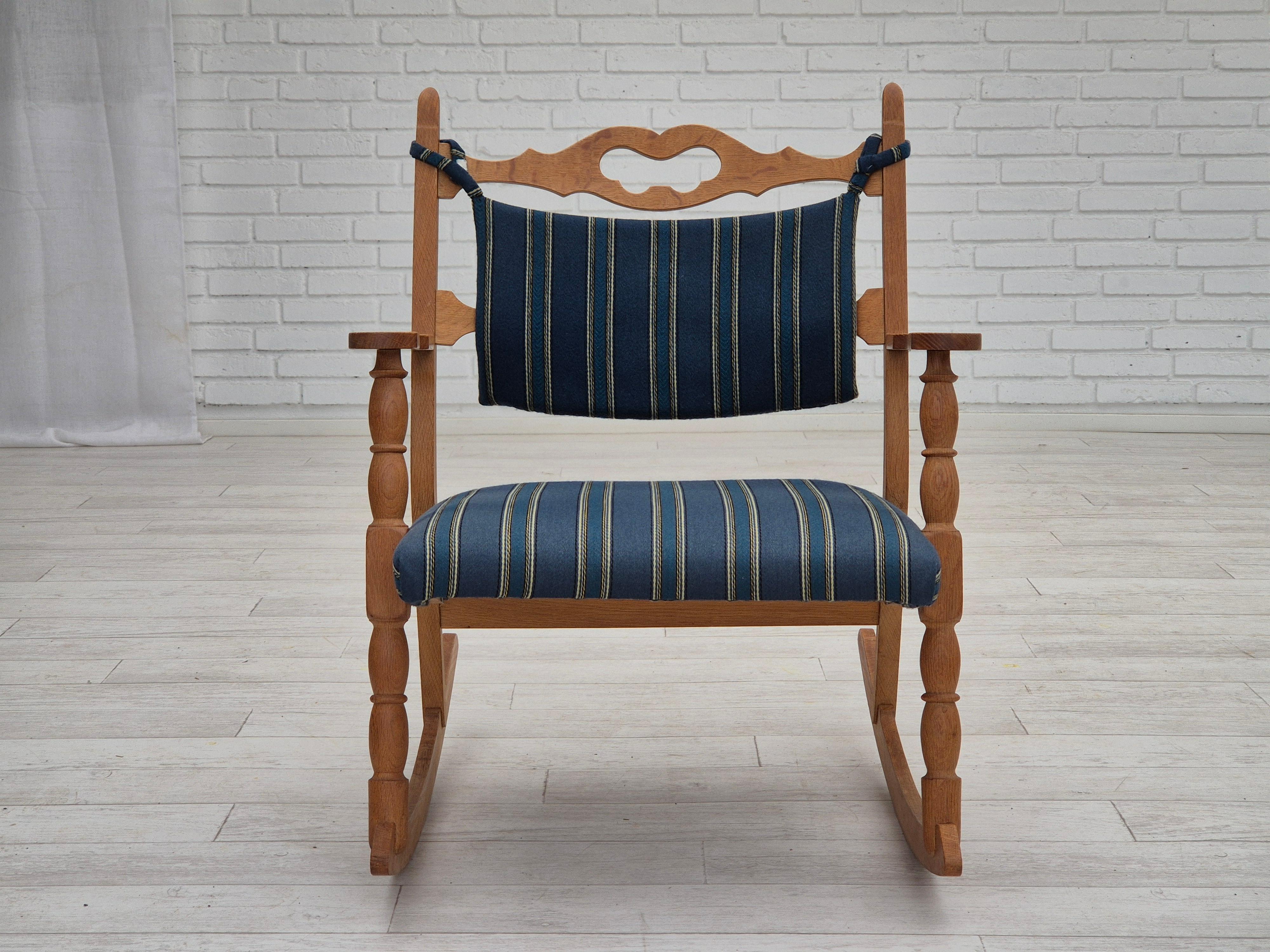 Wool 1970s, Danish design, oak wood rocking chair with footstool, furniture wool. For Sale