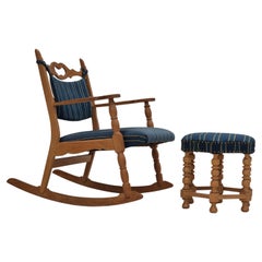 Retro 1970s, Danish design, oak wood rocking chair with footstool, furniture wool.