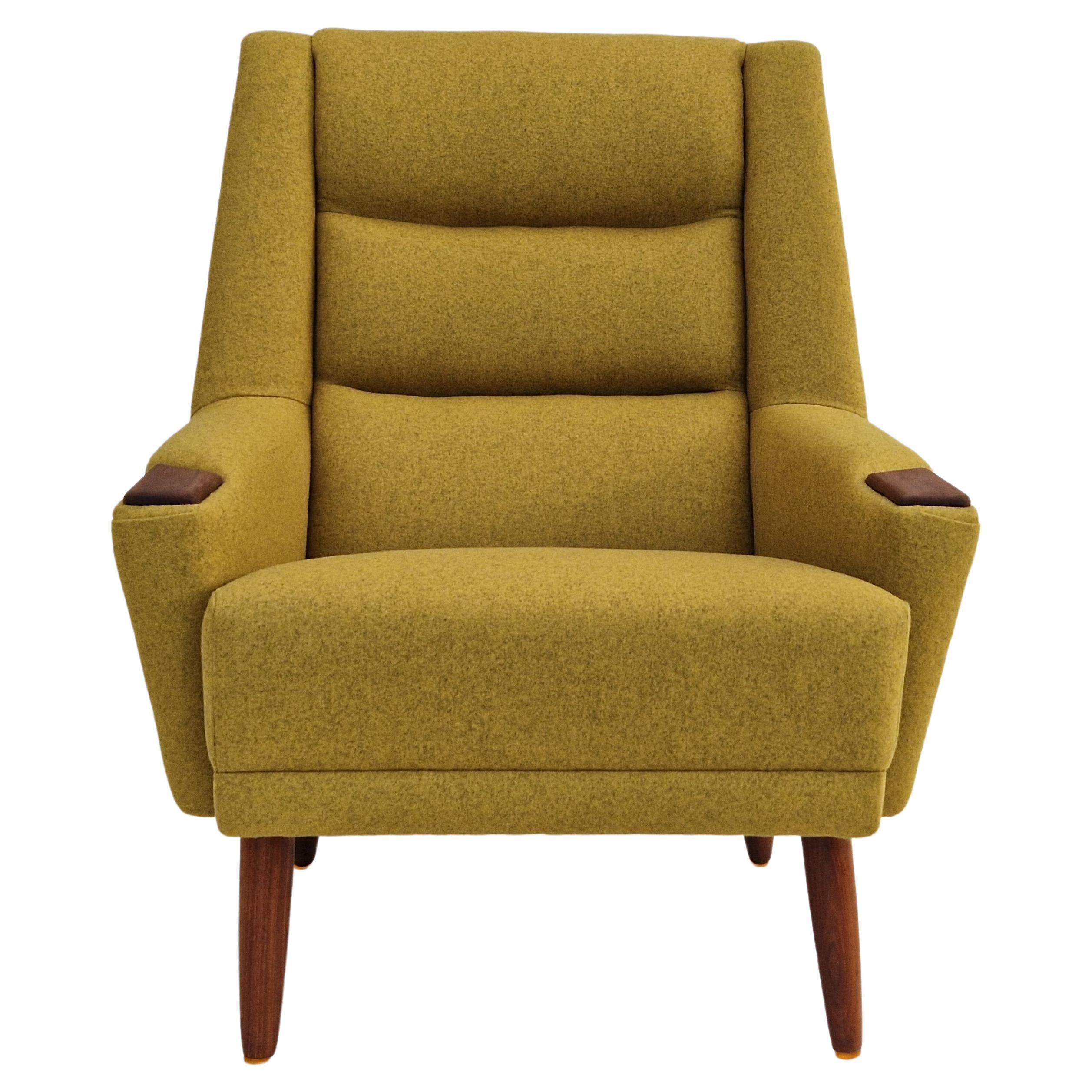 1970s, Danish Design, Refurbished High-Back Armchair, Furniture Wool, Teak Wood
