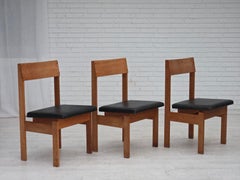 1970s, Danish design, set of 3 church chairs, leather, oak wood.