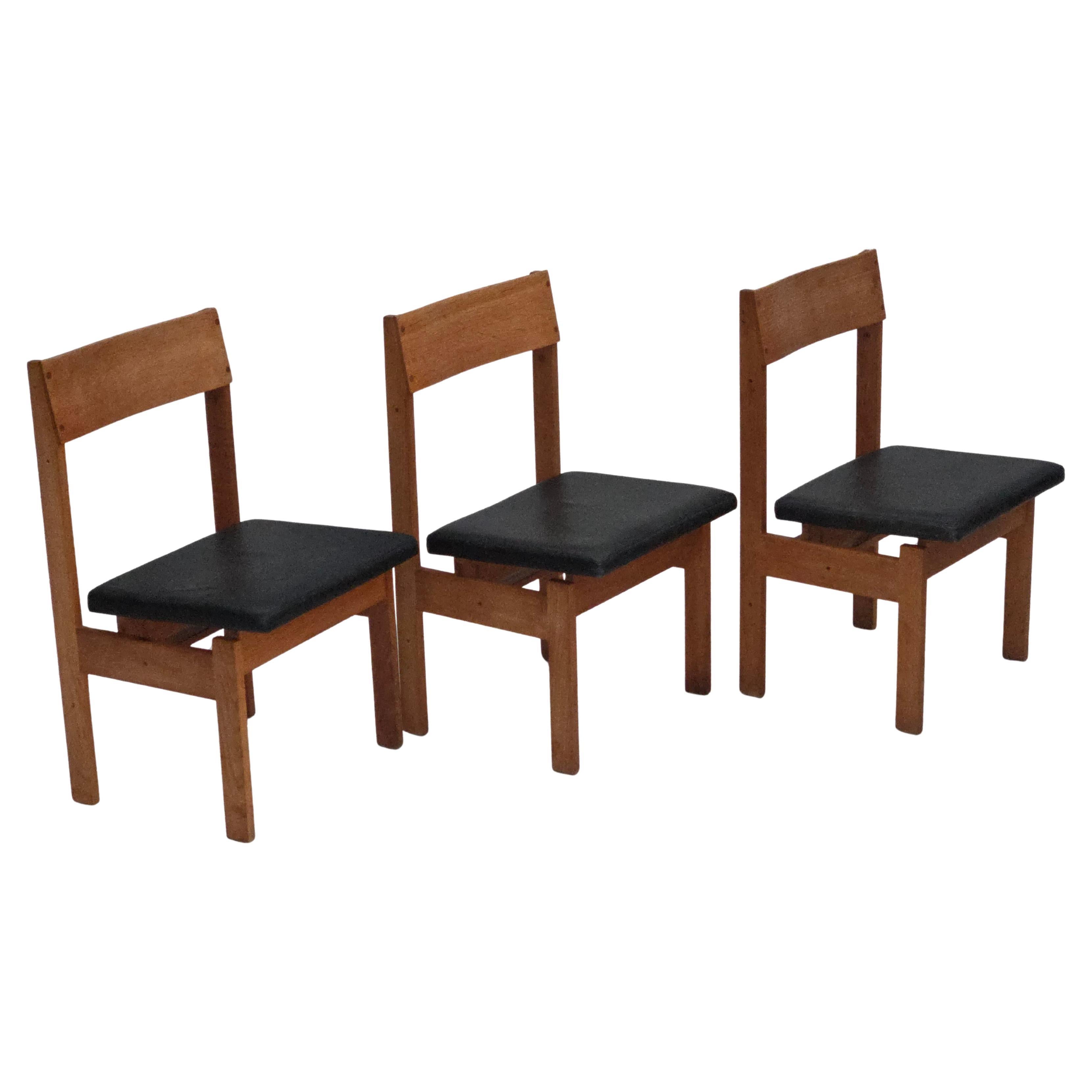 1970s, Danish design, set of 3 church chairs, leather, oak wood.
