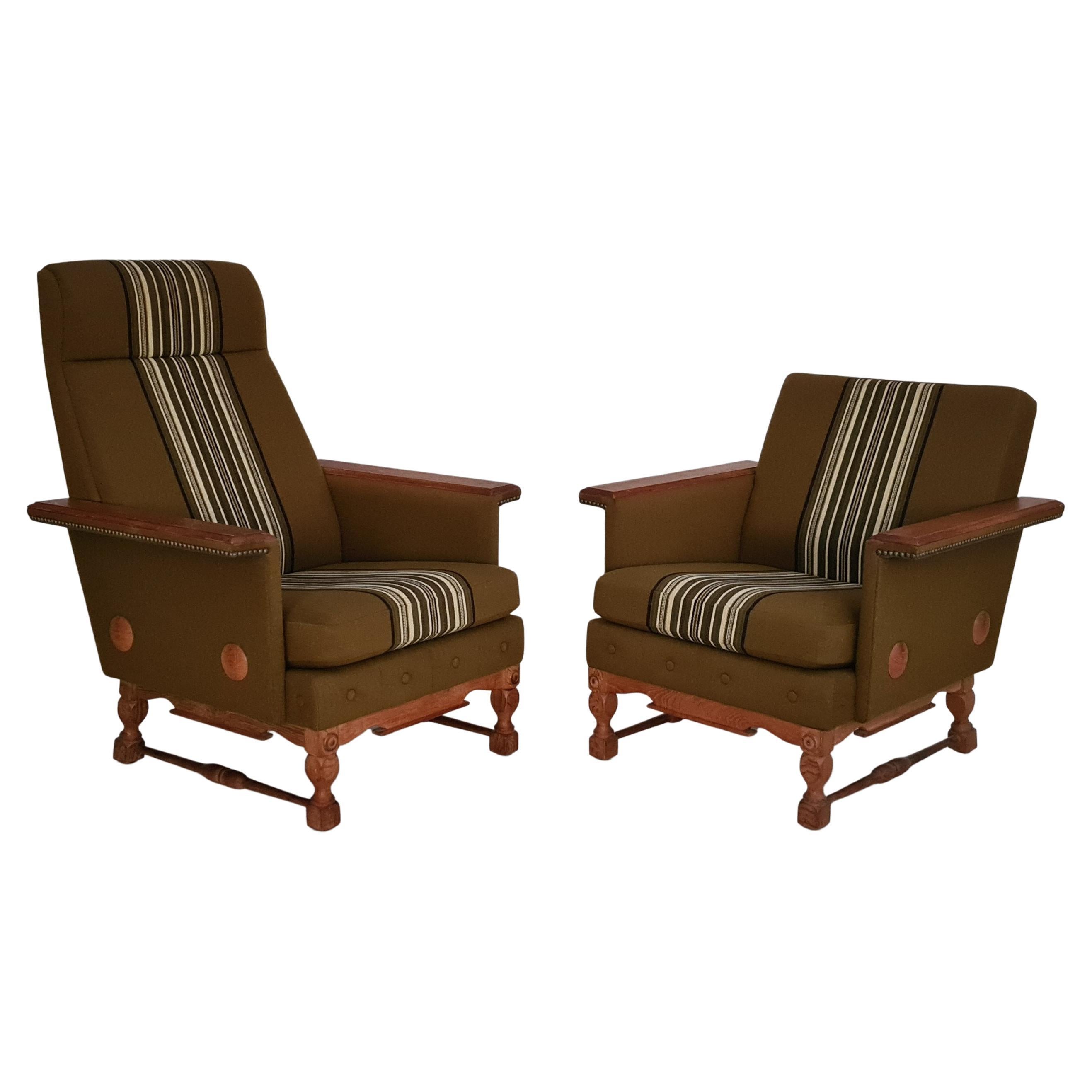1970s, Danish Design, Set of Armchairs, Oak Wood, Wool, Original Condition For Sale