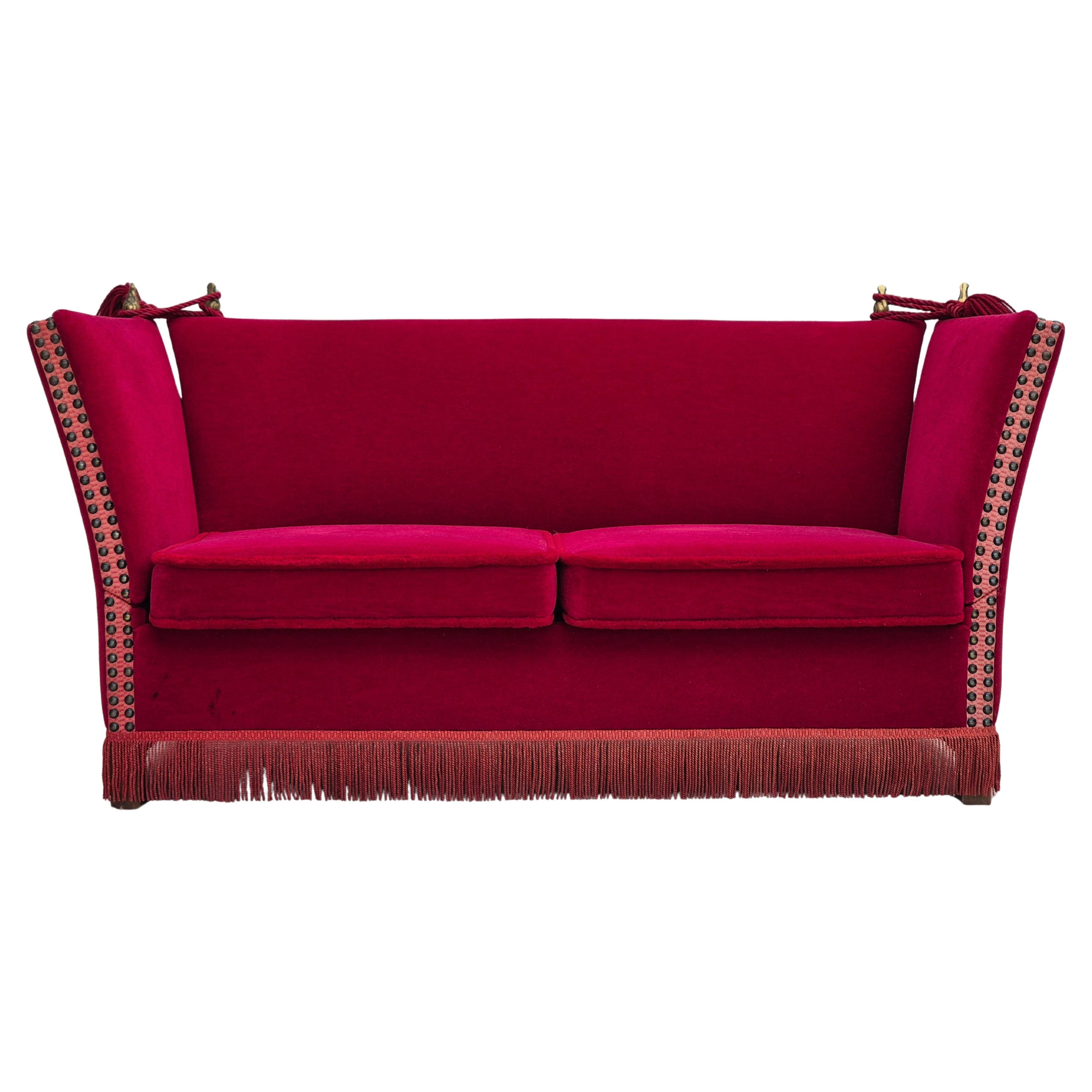 1970s, Danish drop arm "Spanish" sofa, original condition, cherry red velour.