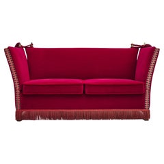 1970s, Danish drop arm "Spanish" sofa, original condition, cherry red velour.