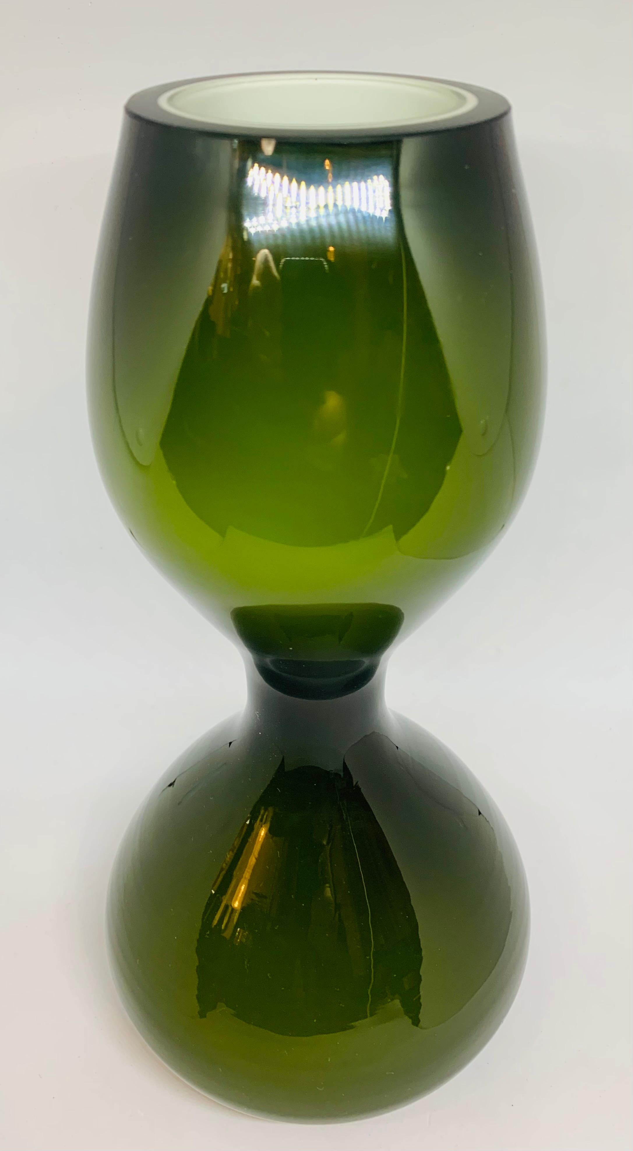 Mid-Century Modern 1970s Danish Hand Blown Holmegaard Encased Green Glass Hourglass Shaped Vase