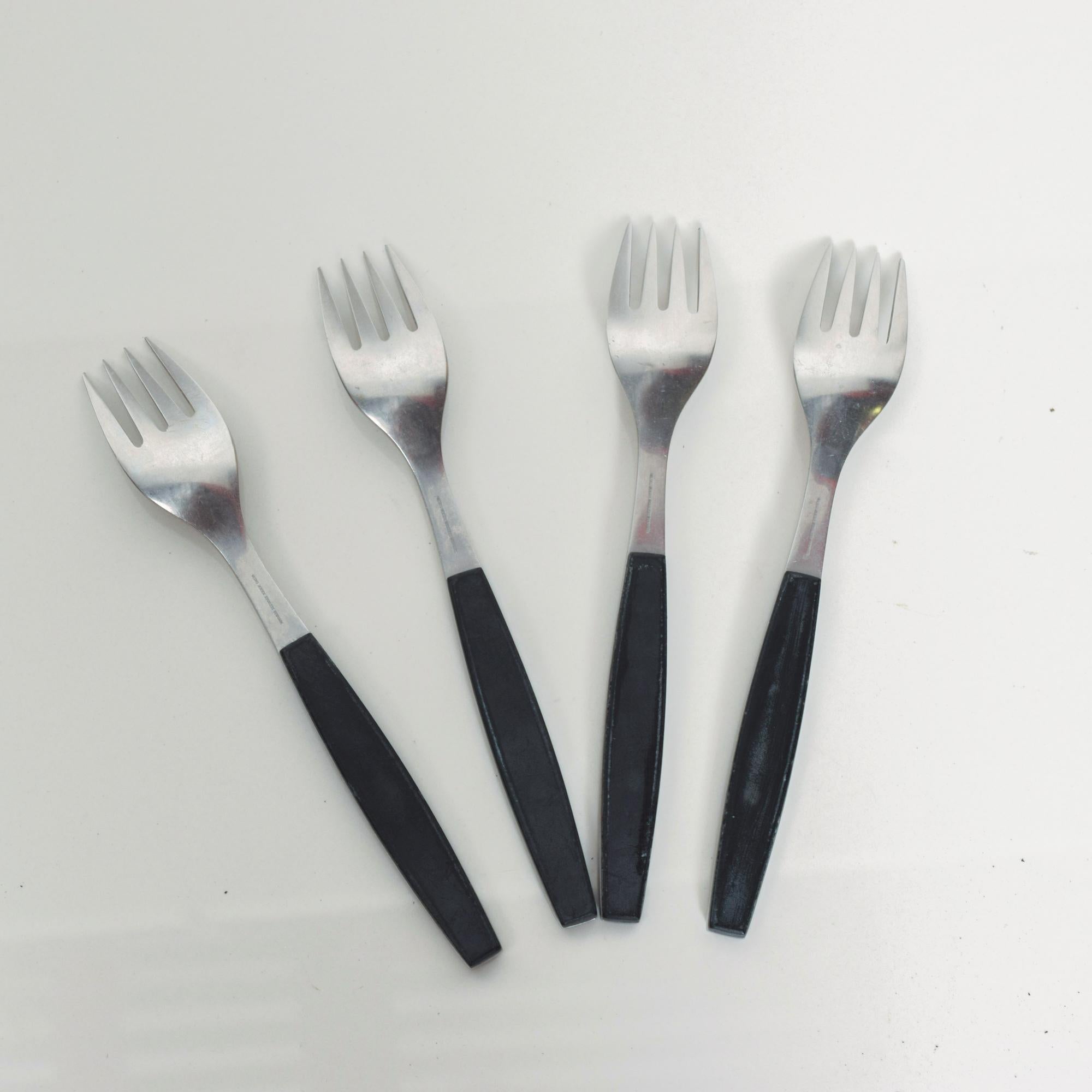 Scandinavian Modern 1970s Danish Henning Koppel Georg Jensen Strata Black Flatware Dinner Forks, 4