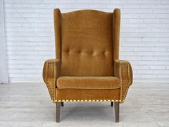 1970s, Danish high back armchair, furniture velour, oak wood legs.