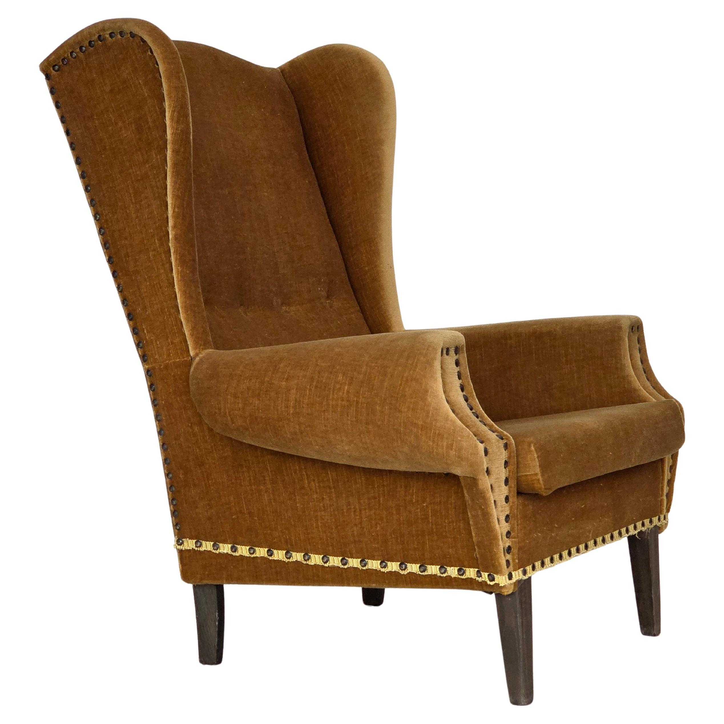 1970s, Danish high back armchair, furniture velour, oak wood legs. For Sale