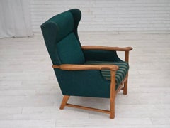 Años 70, sillón danés de respaldo alto, mueble de lana, madera maciza de roble.