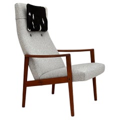 1970s, Danish High-Backed Armchair, Teak, Fabric, Cowskind