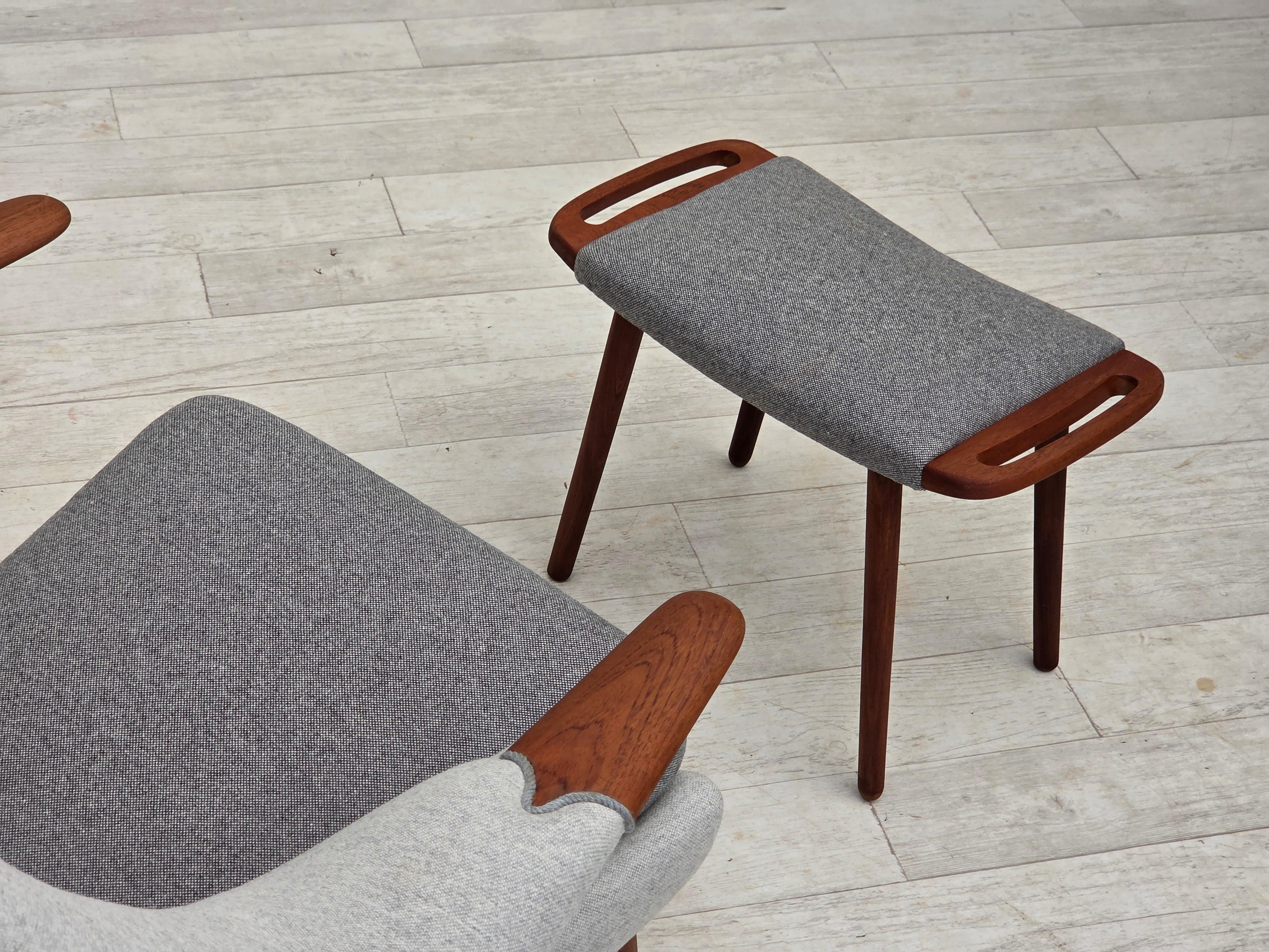 1970s, Danish high-backed armchair with stool, wool, teak wood. en venta 3