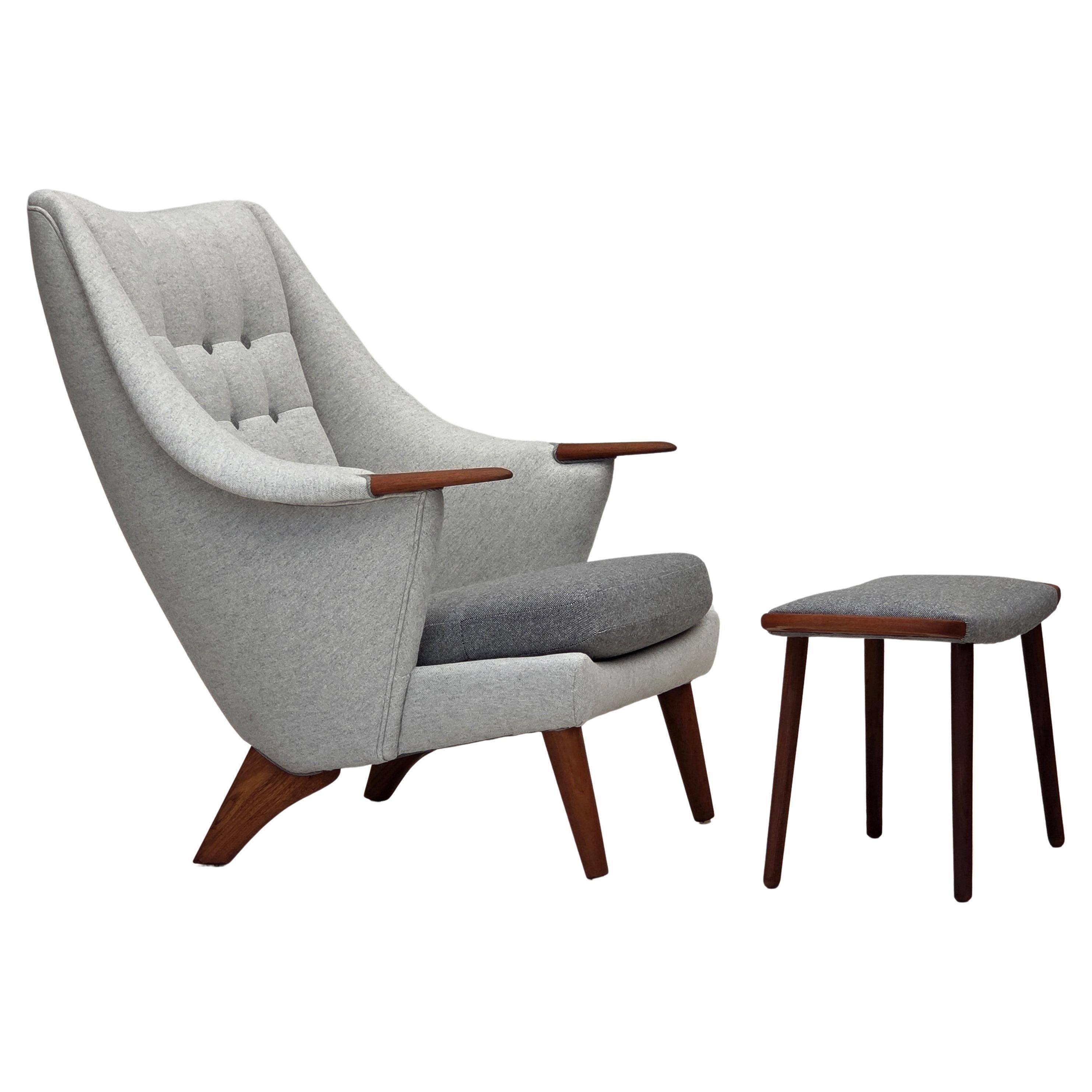 1970s, Danish high-backed armchair with stool, wool, teak wood.