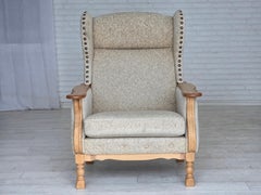 1970s, Danish highback armchair, furniture wool, solid oak wood.