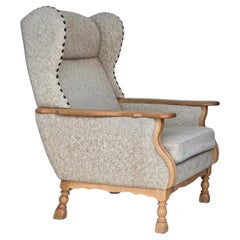 Años 1970, sillón danés de respaldo alto, muebles de lana, madera maciza de roble.