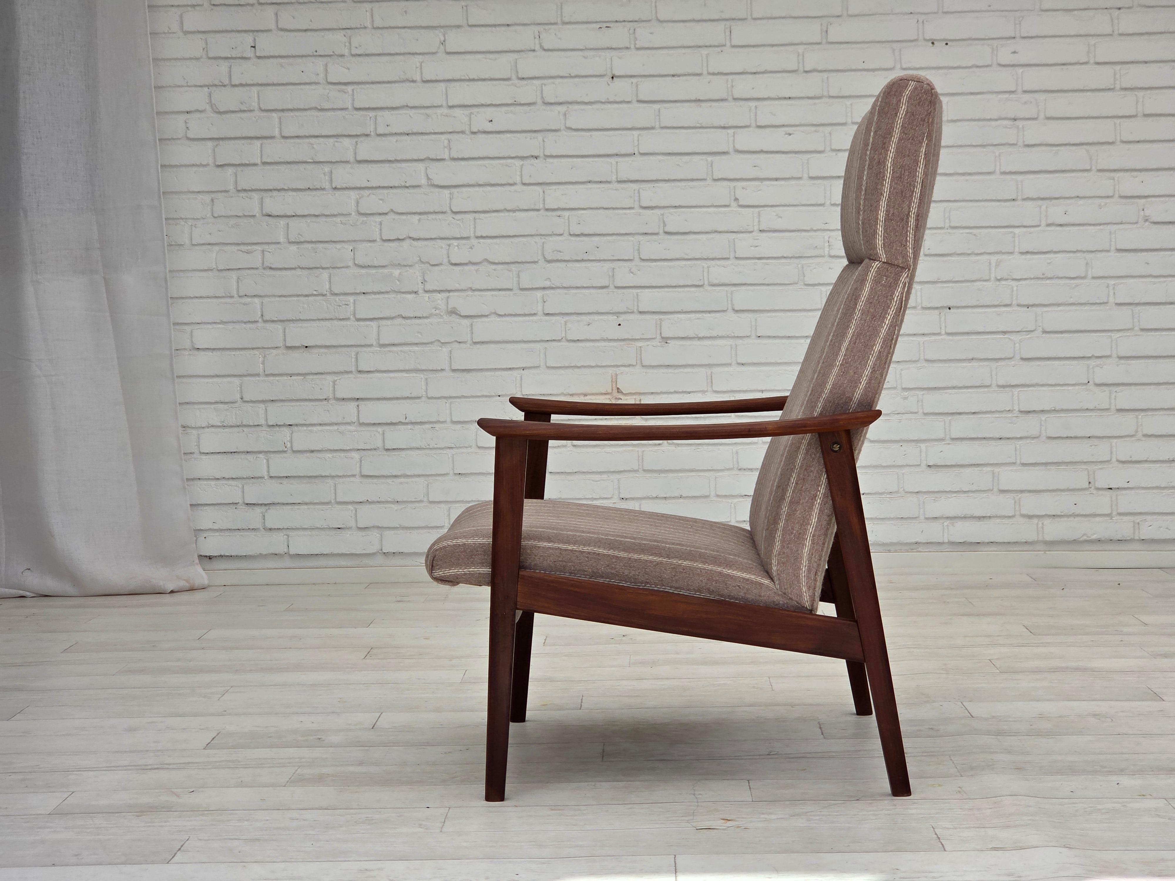 Años 70, sillón danés de respaldo alto, mueble de lana, madera de teca, original. en venta 5
