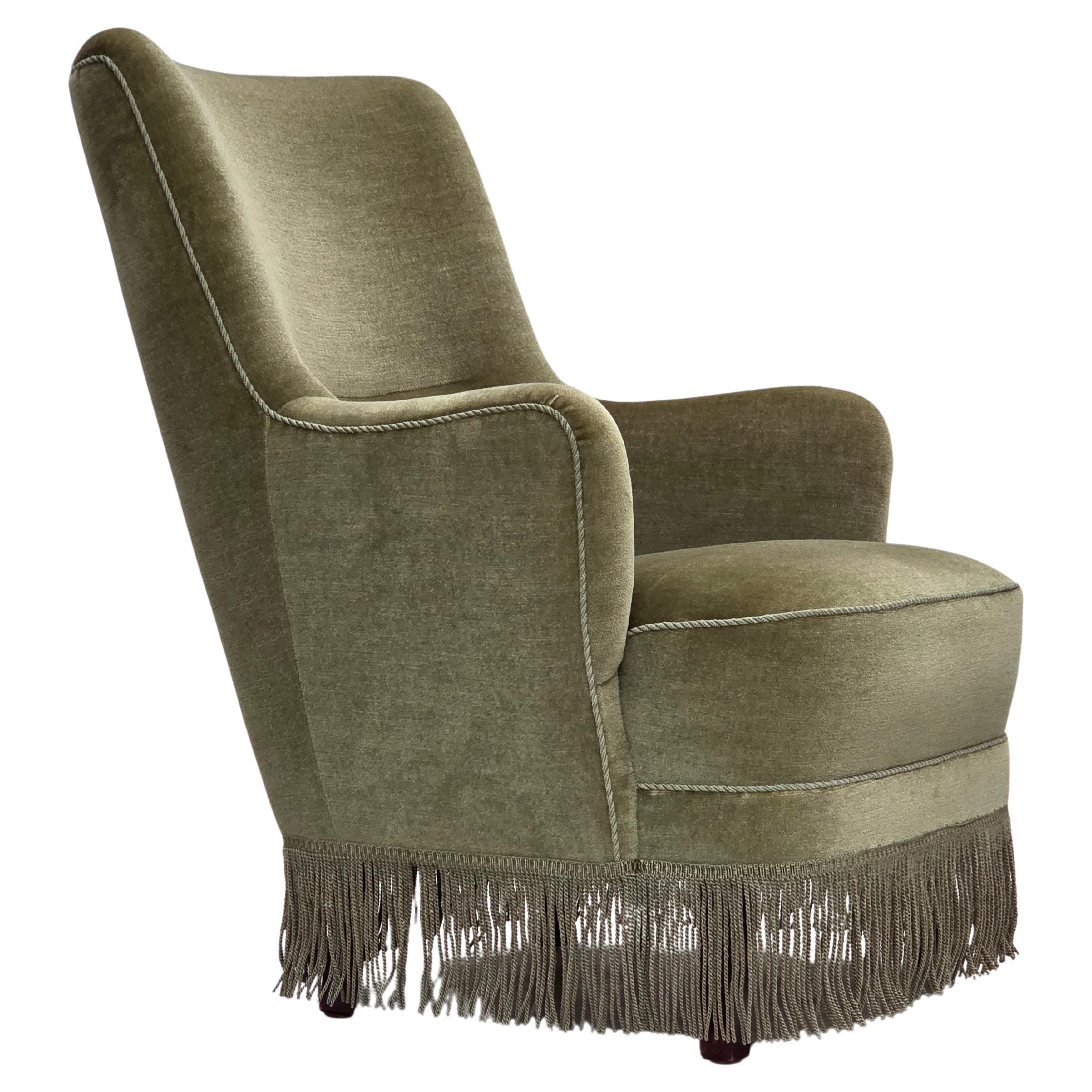 1970, fauteuil danois à dossier haut, velours vert pour meubles.