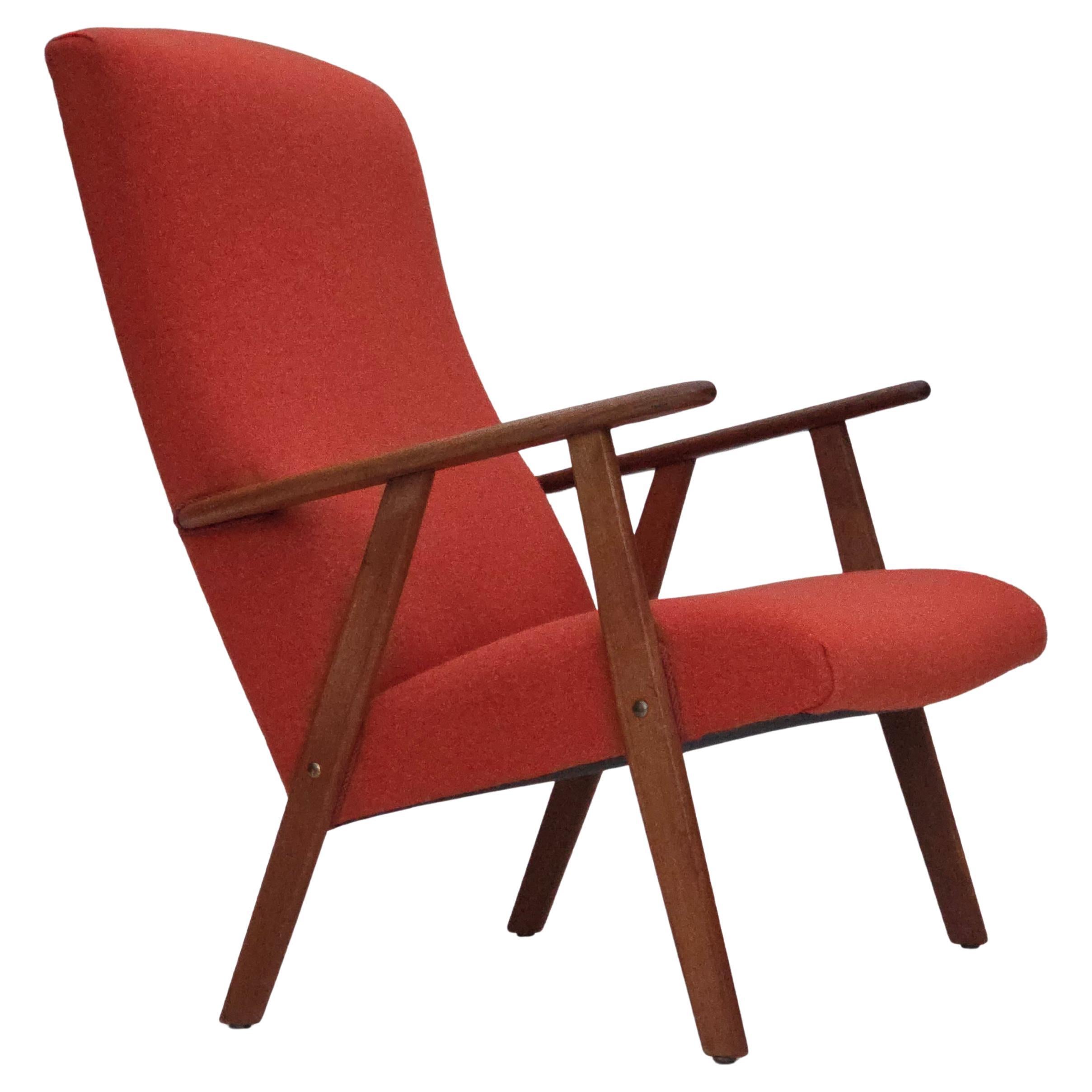 1970s, Danish highback armchair, orange furniture wool, teak wood, oak wood.
